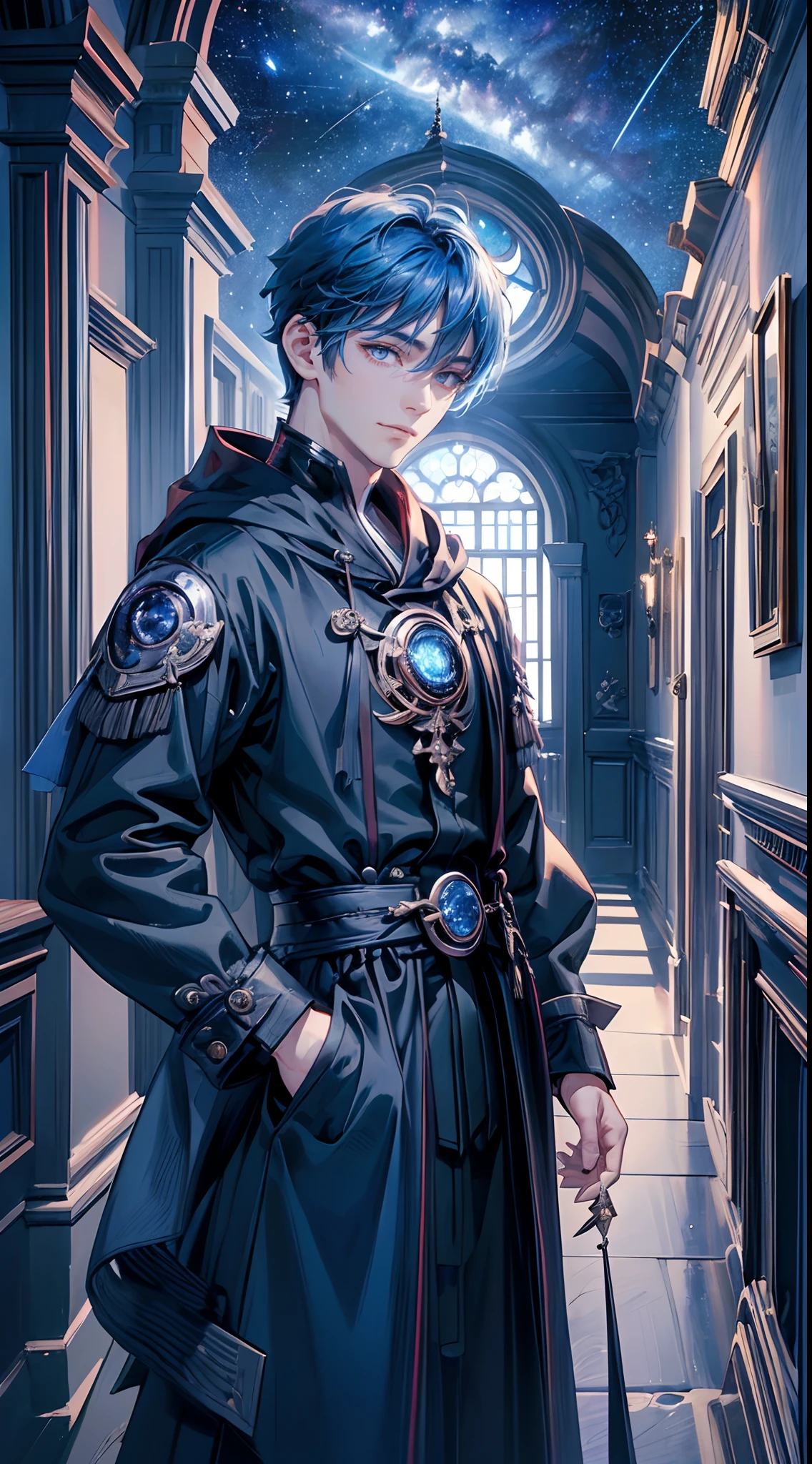 ((4K works))、masterpiece、(top-quality)、One Beautiful Fallen Angel Boy、Slim body、tall、((Attractive British style))、(Detailed beautiful eyes)、((mid night))、In the English corridor、Castle inhabited by villains、Black shop window、Corridor at night、((You can see the starry sky from the window))、((dark sky))、((English corridors))、((Shot in a corridor in England))、mid night、((Short-haired bright blue hair))、((Smaller face))、((Wild face))、((White eyes))、((American adult male))、((Adult male 26 years old))、((Cool Men))、((Like a celebrity))、((kindly smile))、((Korean Makeup))、((elongated and sharp eyes))、((Happy dating))、((boyish))、((Upper body photography))、Professional Photos、((Shot alone))、((Shot from diagonally in front))、((Shot in close proximity to him))、((Focus zoom in))、((He is standing in the hallway))