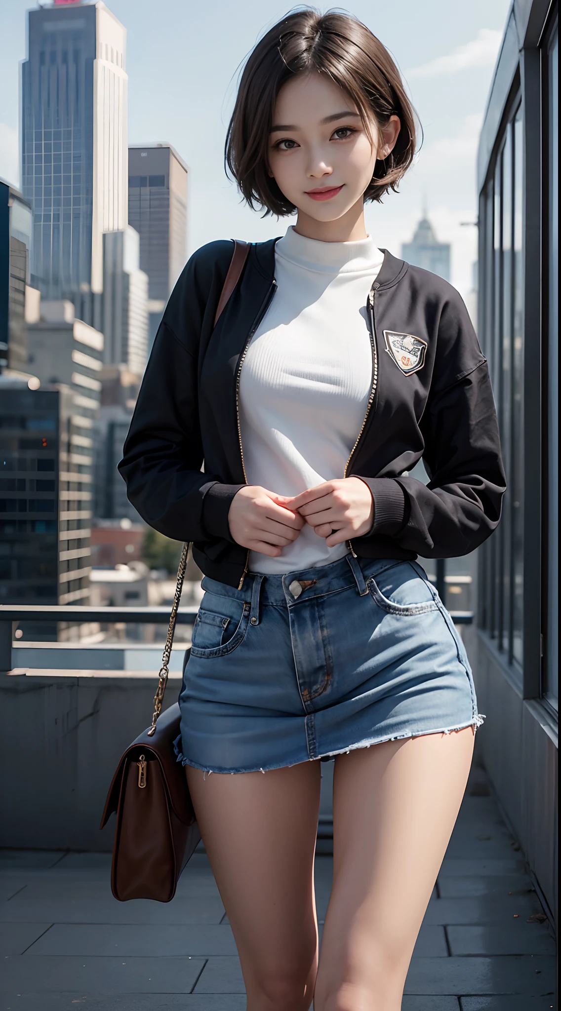 (The to the FW), 1womanl, Solo, 24 year old, 7headed body, (cute  face), (Ideal ratio body proportions), Modern old cityscape, shool uniform, Sweatshirt, a miniskirt, long , Sexy body, Wet, Smiling smile, short-hair, Dark hair, small tits, A slender, Small buttocks, beauty legs, Skinny Legs, surrealism, Cinematic lighting, depth of fields, One-person viewpoint, F/1.8, 135 mm, nffsw, masutepiece, ccurate, ((Anatomically correct)), Textured skin, Super Detail, high details, High quality, awardwinning, Best Quality, hight resolution, 8K