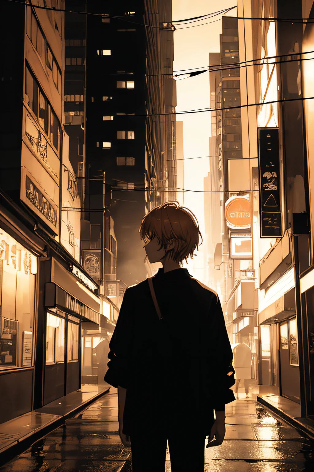 1boy,short golden hair,brown eyes,wearing short white frock,city,night,dark,(absurdres:1.2),ultra-sharp,highest resolution,(8K:1.1),(masterpiece:1.1),looking at viewer,urban scenery,glowing streetlights,reflective surfaces,neon lights,shadowy alleys,mysterious atmosphere,blurry raindrops,vibrant colors,sharp details,atmospheric perspective,city skyline silhouette,lonely figure emphasizing the vastness of the city,unexpected and surreal elements,unexpected objects floating in the air,metropolis shrouded in darkness,misty fog adding a touch of mystery to the scene,emphasizing the contrast between light and darkness,creating a sense of intrigue and suspense,hint of loneliness,awakening a sense of curiosity in the viewer,small details that capture attention,exploring the intersection of reality and imagination,inspiring imagination and contemplation.