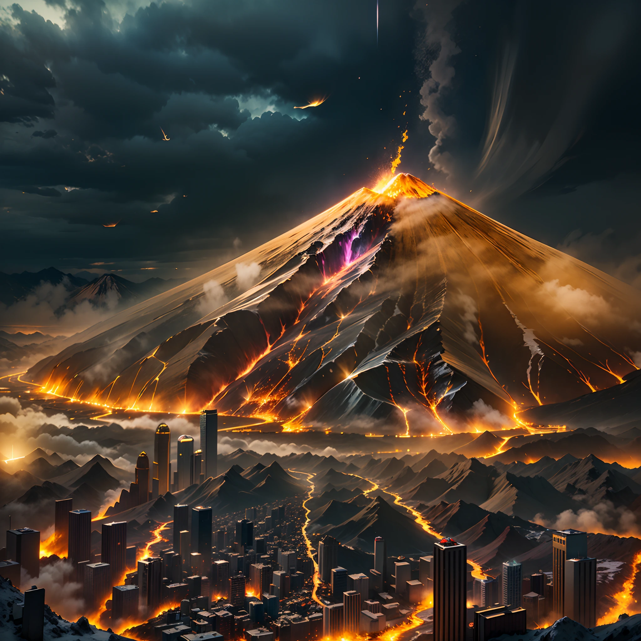 in a panoramic view，photorealestic，Land of the Apocalypse，a volcano erupts，The erupting Golden Jewel Volcano，The volcano lifts countless colorful gemstones and vast amounts of gold into the sky，Turn the sky into a gorgeous jewelry gold display，Above ground is the luxurious Binhai Gold Science and Technology City，A rain of golden gems fell from the sky，Fall into the city，dans la mer，Let the sea become pearlescent，Perfectcomposition，