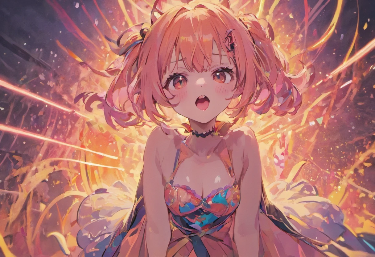 A teenage girl，neon hair，Hairline，The face is delicate，detailed face with，largeeyes，Detailed pupils，Heterochromatic pupil，long eyelasher，eyeslashes，moist lips，（Naughty sticking out his long tongue：1.5），Very long tongue，，Liquid glass texture coat，Chest open，The chest is huge，pectoral focus，Forced JK skirt，detailed cloth，Lace stockings，Stand in front of the camera and pose for the audience。