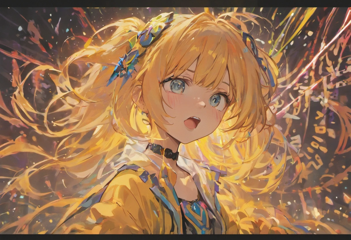 A teenage girl，neon hair，Hairline，The face is delicate，detailed face with，largeeyes，Detailed pupils，Heterochromatic pupil，long eyelasher，eyeslashes，moist lips，（Naughty sticking out his long tongue：1.5），Very long tongue，，Liquid glass texture coat，Chest open，The chest is huge，pectoral focus，Forced JK skirt，detailed cloth，Lace stockings，Stand in front of the camera and pose for the audience。