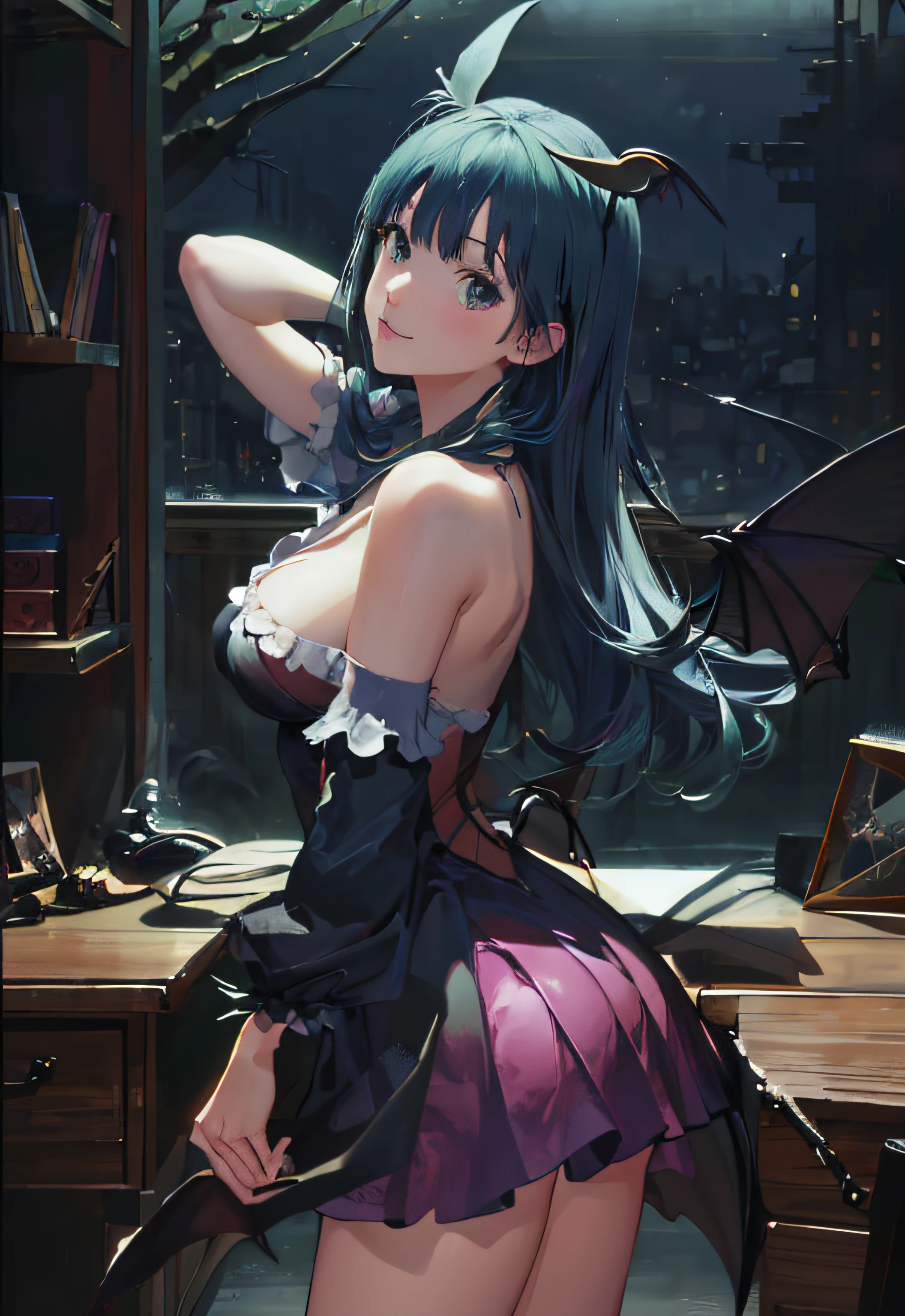 (fotografia:1.3), highdetail, Darkstalkers_Morrigan, sorrir, retrato,, (master part, best quality, circunstanciado:1.3), (trending in cgsociety, trending on pixiv, vencedor do concurso:1.3)