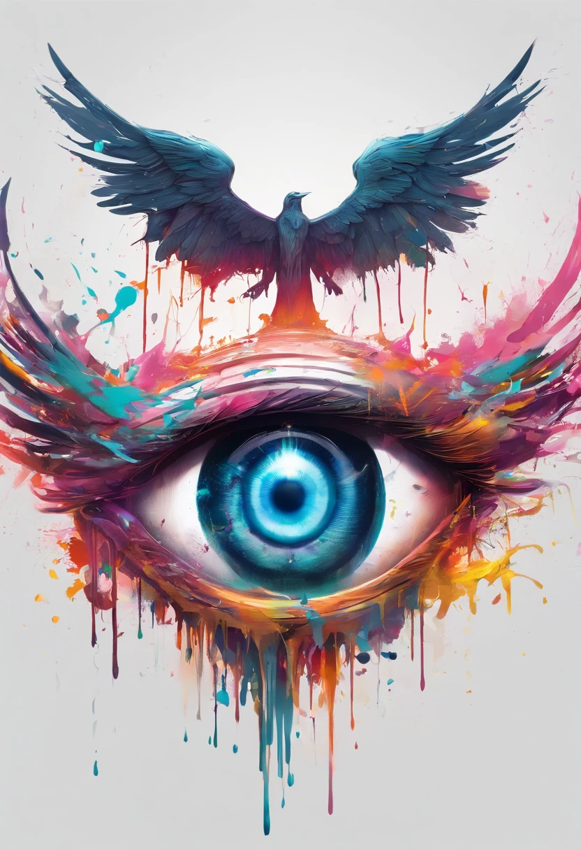 Splash art, ((a one singular human eyeball with angel wings attached to the back)), ((white background)), piercing eyes, epic Instagram, artstation, splash style of colorful paint, contour, hyperdetailed intricately detailed , unreal engine, fantastical, intricate detail, splash screen, complementary colors, fantasy concept art, 8k resolution, deviantart masterpiece, oil painting, heavy strokes, paint dripping, splash arts