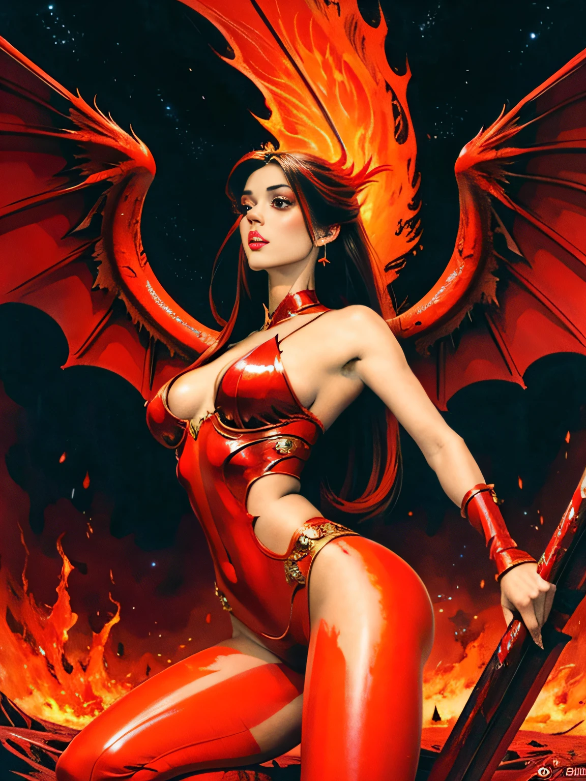 Completely red acrylic painting, glossy, glittering, with glaze: A majestic and fearsome female deamon, very beautiful, with fiery wings and a mighty tail, reigning over a desolate wasteland with an iron fist and a thirst for destruction. Mystic lights. In the style of Boris Vallejo. All done with red paint, using only shades of red, and an accent of orange.