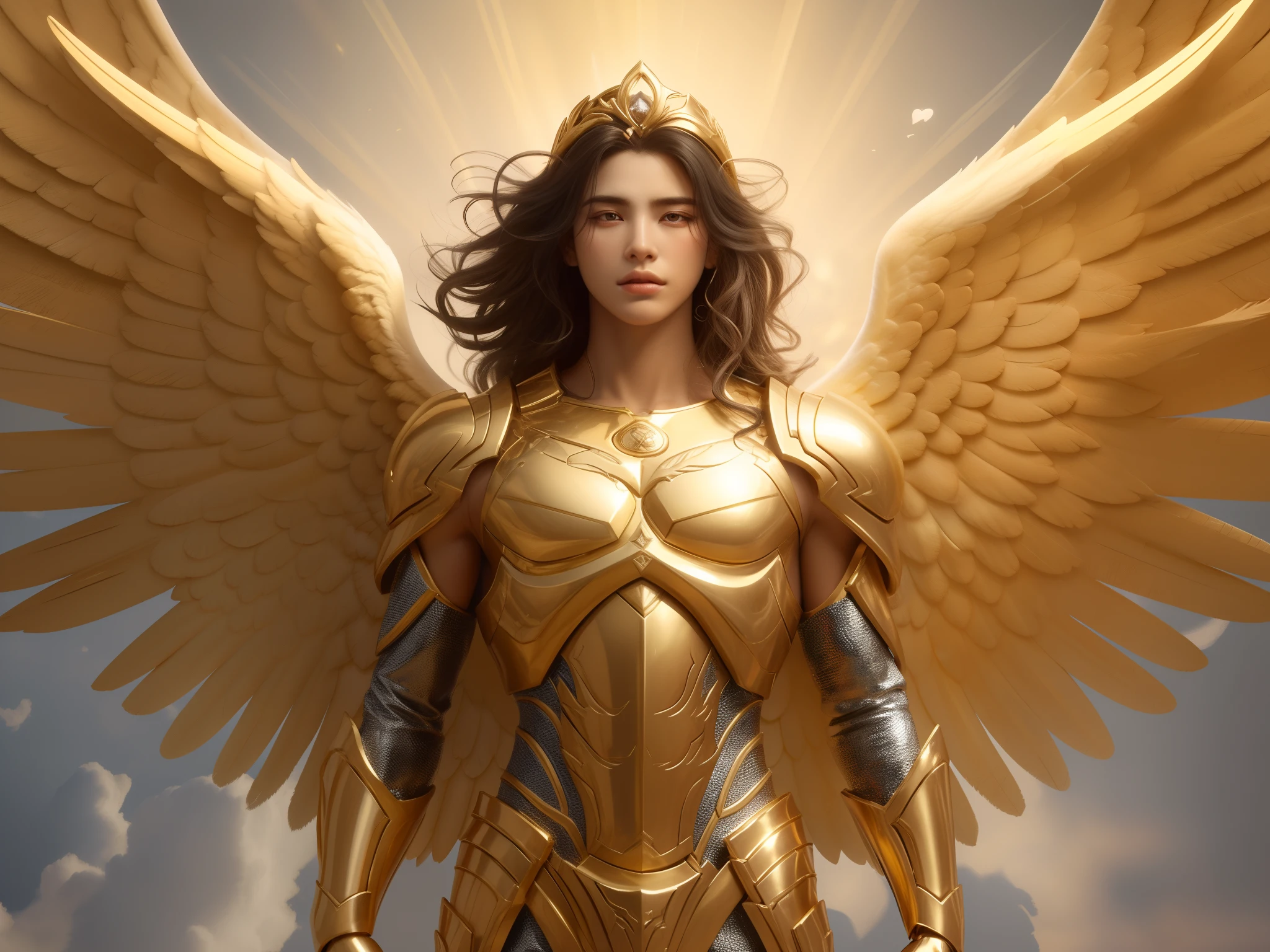 um close up de uma mulher com um traje dourado e asas, Armadura Dourada Angelical, Arcanjo Miguel, arcanjo, angel in plastic armor, Anjo majestoso de corpo inteiro, gold wings on head, Asas de Ouro, Asas douradas, angelic, unreal motor render saint seiya, angel spirit guide, humano alado, com asas douradas ardentes, asas de anjo grande, Directed by: Arthur Pan