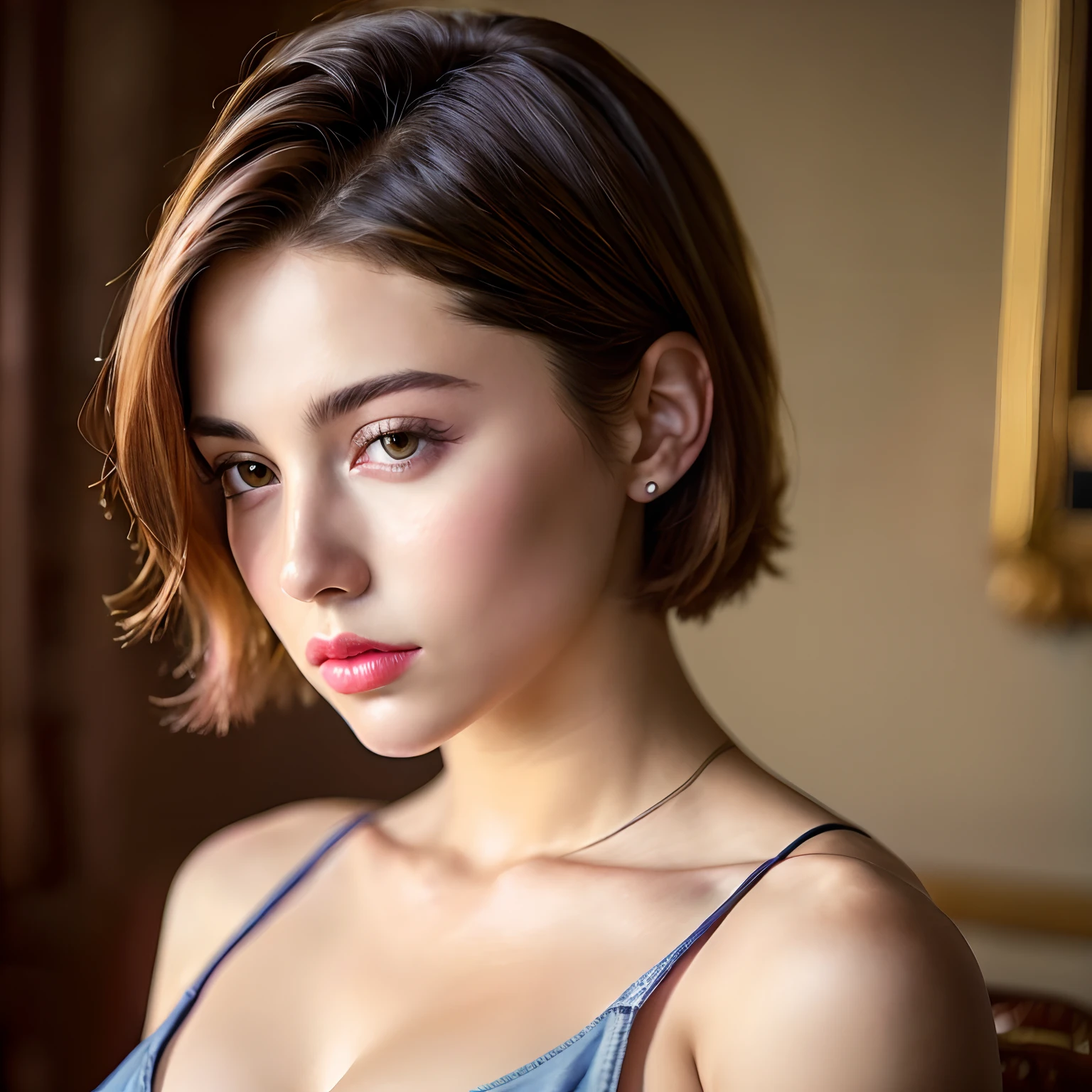 Androgynous Cute young girl short hair big lips face portrait (photorealistic, photo, masterpiece, realistic oil painting masterpiece , perfect face , big lips, big tits, attractive cleavages, shallow depth of field