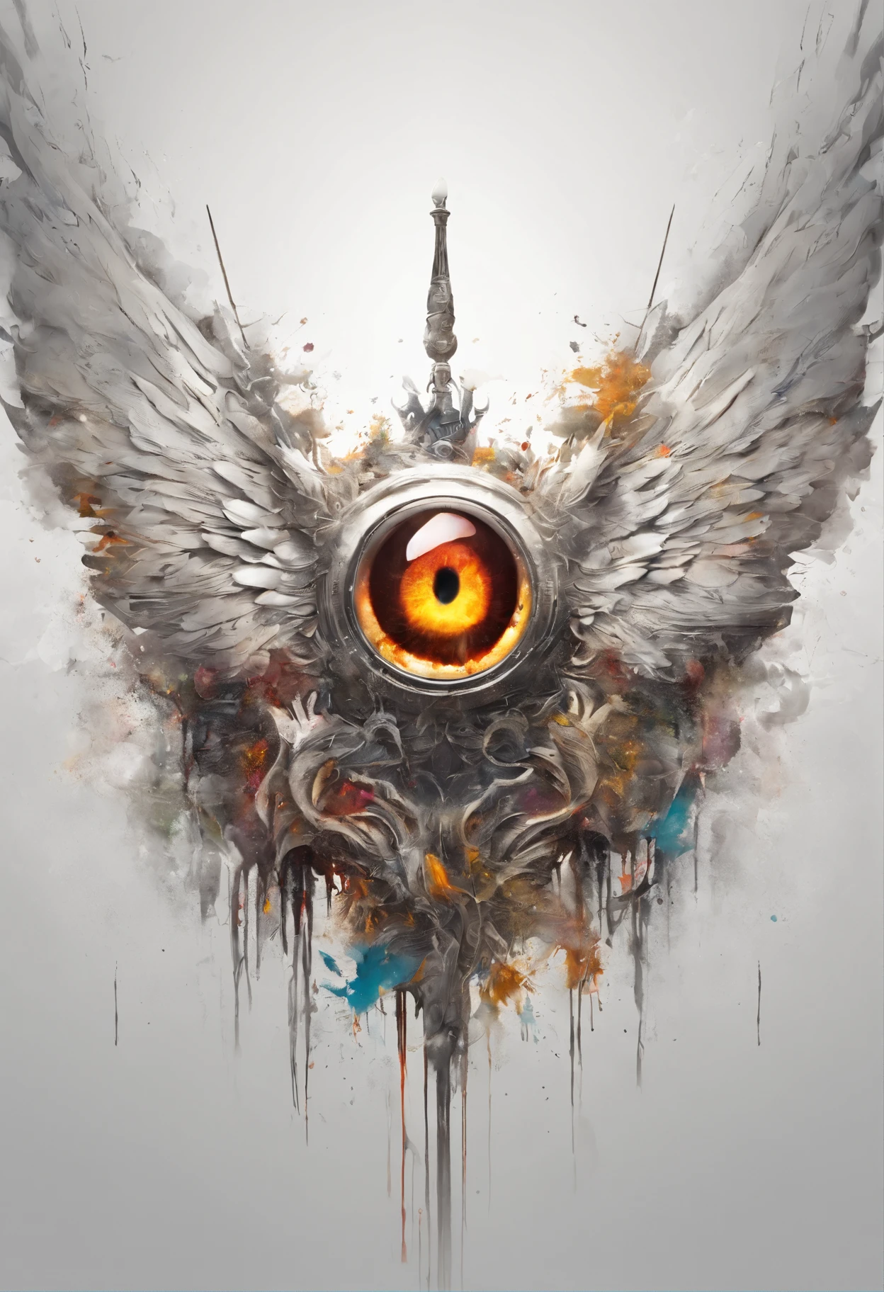 Splash art, ((a one singular human eyeball with angel wings attached to the back)), ((white background)), piercing eyes, epic Instagram, artstation, splash style of colorful paint, contour, hyperdetailed intricately detailed , unreal engine, fantastical, intricate detail, splash screen, complementary colors, fantasy concept art, 8k resolution, deviantart masterpiece, oil painting, heavy strokes, paint dripping, splash arts