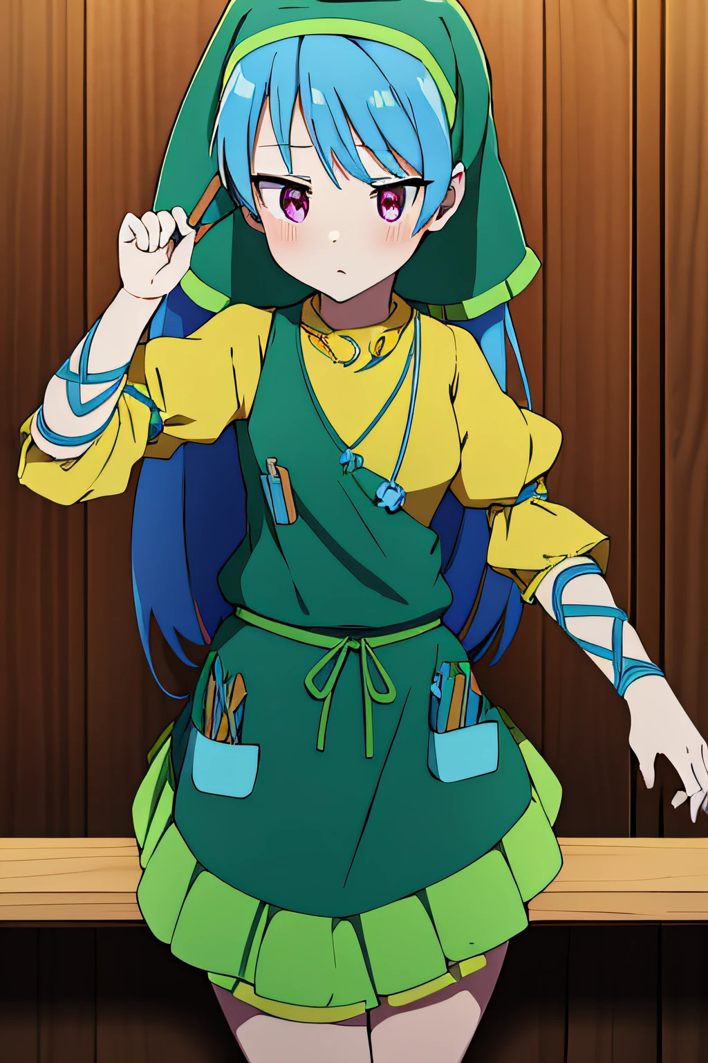 Keiki Haniyasushin, purple eyes, light blue hair, long hair, green headkerchief, yellow dress, green apron with tools in it, magatama necklace, blue ropes around arms and legs, sandals,