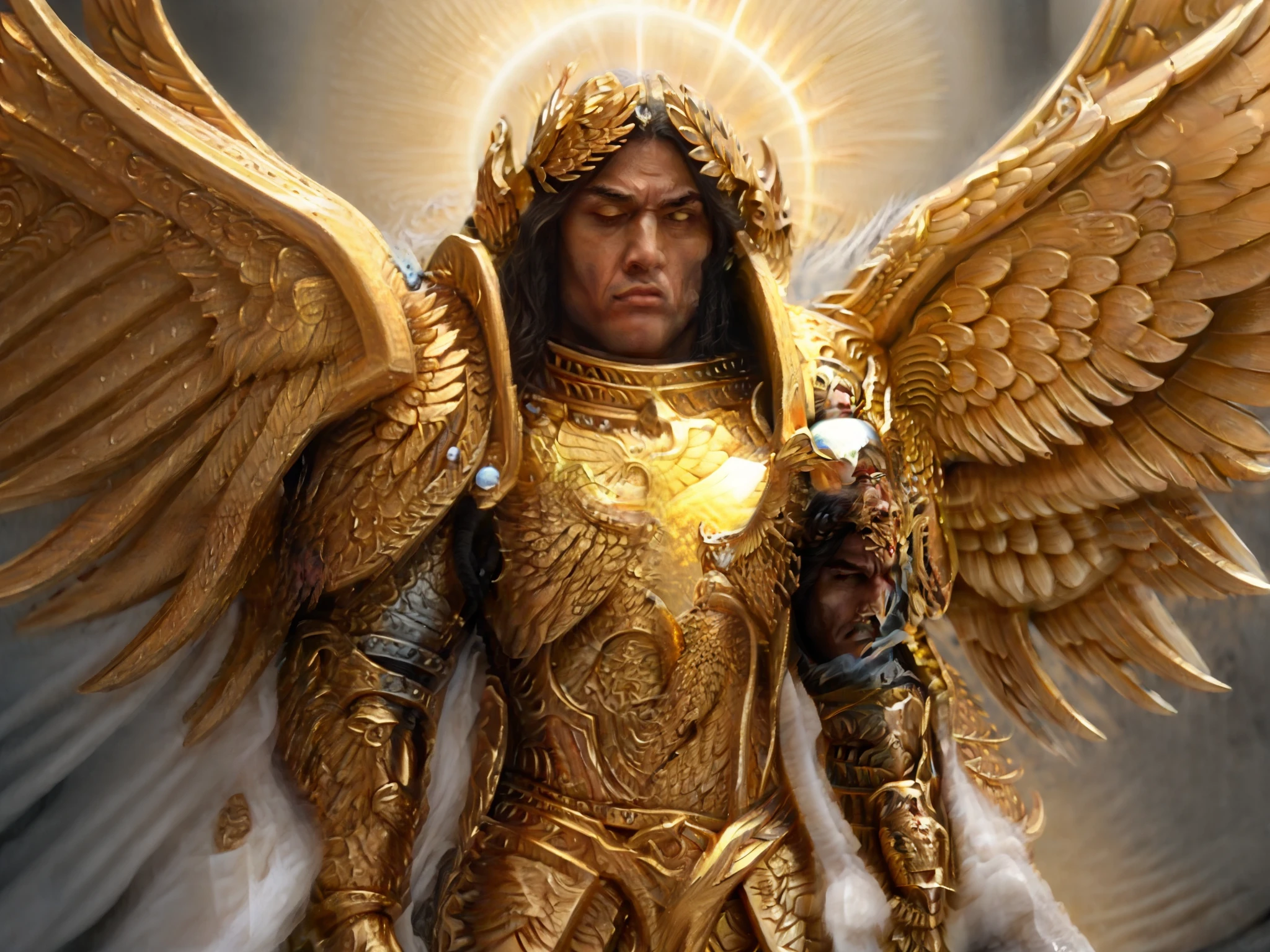 um close up de uma mulher com um traje dourado e asas, Armadura Dourada Angelical, Arcanjo Miguel, arcanjo, angel in plastic armor, Anjo majestoso de corpo inteiro, gold wings on head, Asas de Ouro, Asas douradas, angelic, unreal motor render saint seiya, angel spirit guide, humano alado, com asas douradas ardentes, asas de anjo grande, Directed by: Arthur Pan