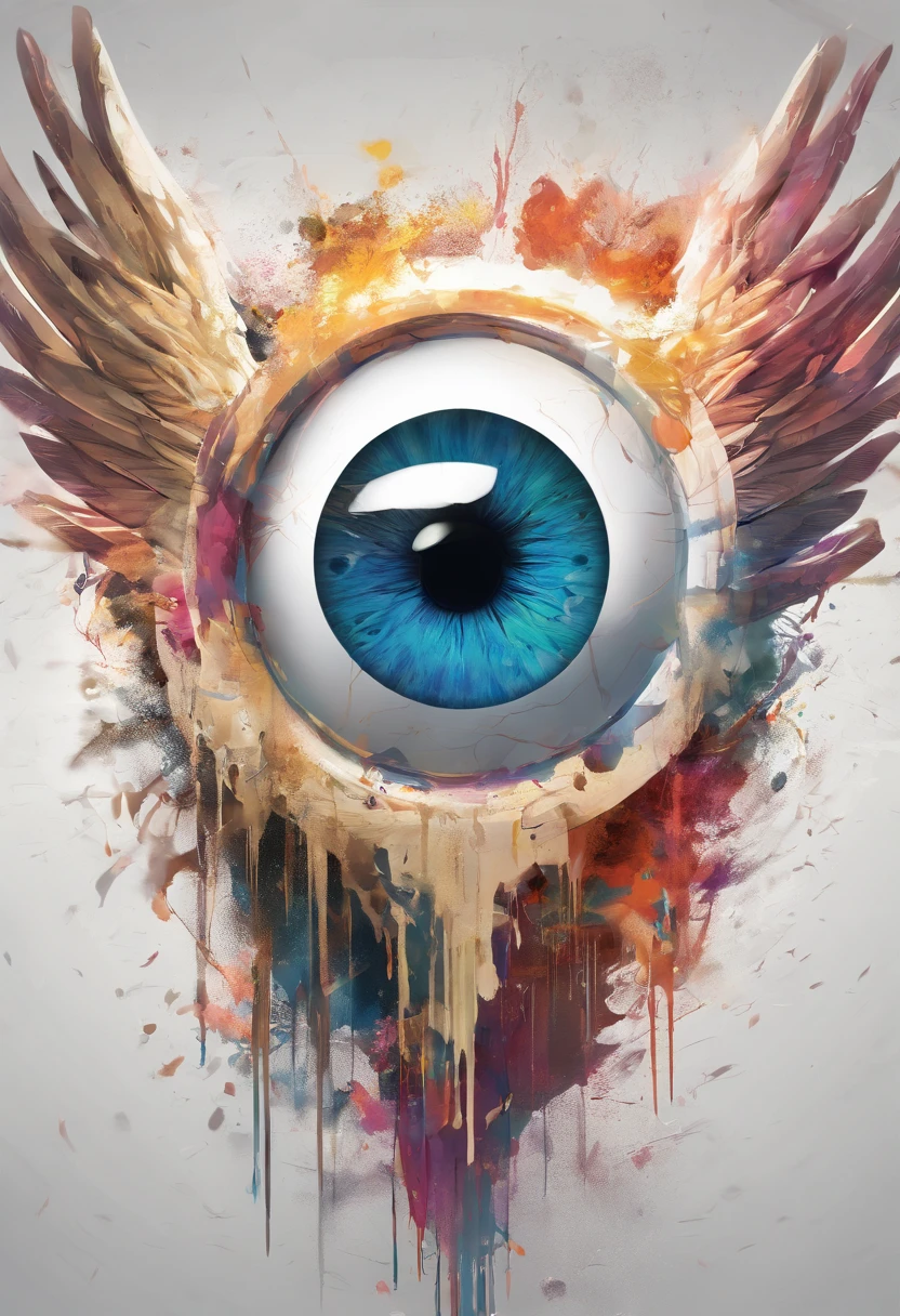 Splash art, ((a one singular human eyeball with angel wings attached to the back)), ((white background)), piercing eyes, epic Instagram, artstation, splash style of colorful paint, contour, hyperdetailed intricately detailed , unreal engine, fantastical, intricate detail, splash screen, complementary colors, fantasy concept art, 8k resolution, deviantart masterpiece, oil painting, heavy strokes, paint dripping, splash arts