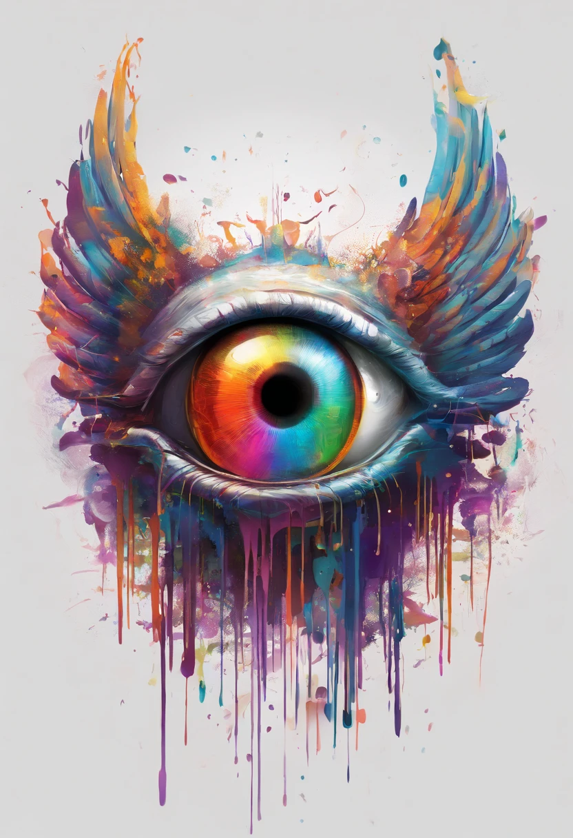 Splash art, ((a one singular human eyeball with angel wings attached to the back)), ((white background)), piercing eyes, epic Instagram, artstation, splash style of colorful paint, contour, hyperdetailed intricately detailed , unreal engine, fantastical, intricate detail, splash screen, complementary colors, fantasy concept art, 8k resolution, deviantart masterpiece, oil painting, heavy strokes, paint dripping, splash arts