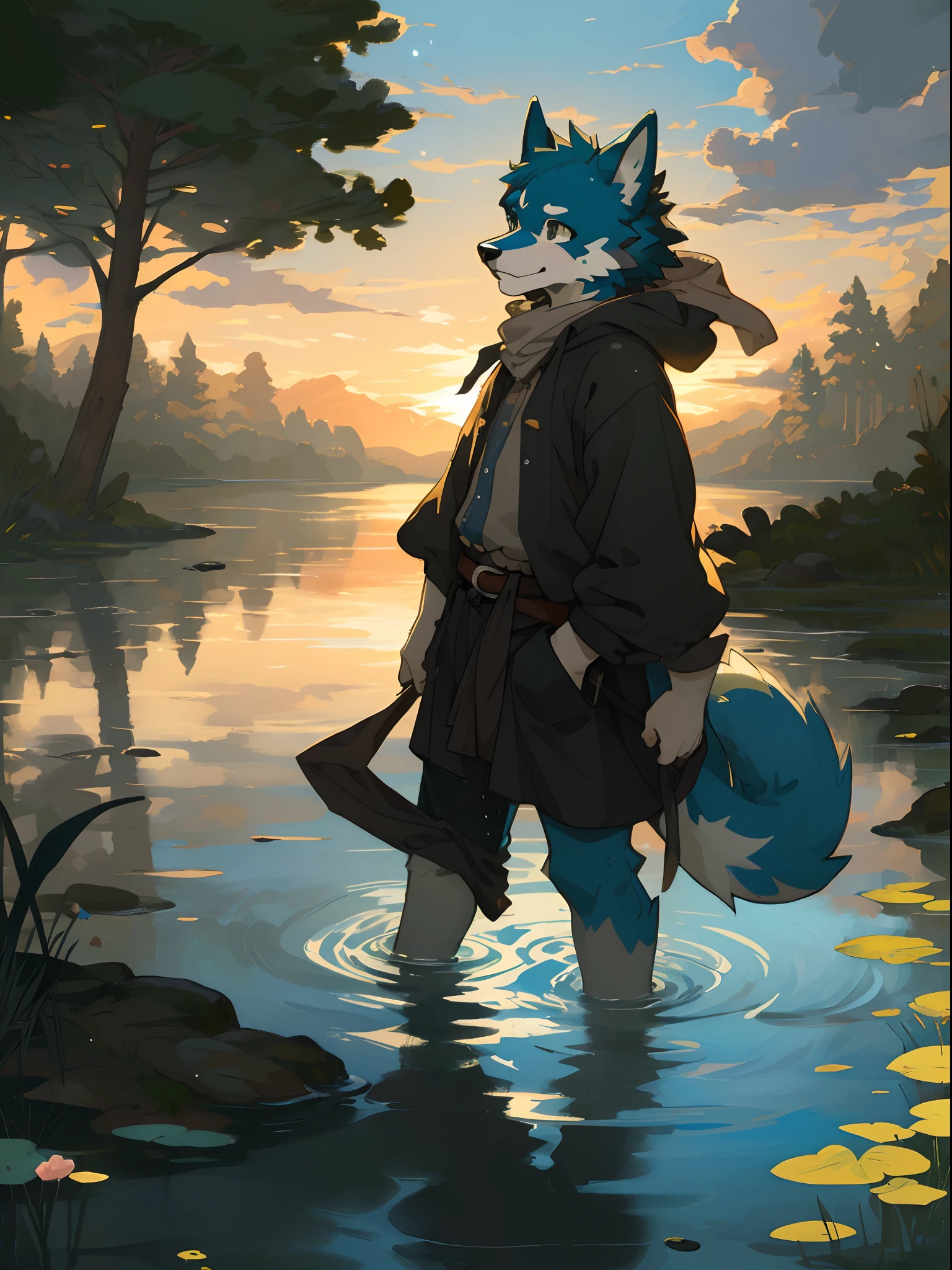 High-quality illustrations by John William Waterhouse, by Johannes Vermeer, cover_page, highres, absurdres, detailed background, lake, dawn, detailed forest, clouds, Mysterious and romantic atmosphere, caustics surface(refraction, polarization:1.2)perfect anatomy(cute 1girl, single:1.4, kemono, solo focus, boy)volumetric lighting, Wet clothes, Water droplets, (furry anthro:1.7)(Furry body, dog facial features, dog body features)(very detailed body fur)full body, soft and delicate color palette, dramatic composition, deep shadow, dynamic lighting,