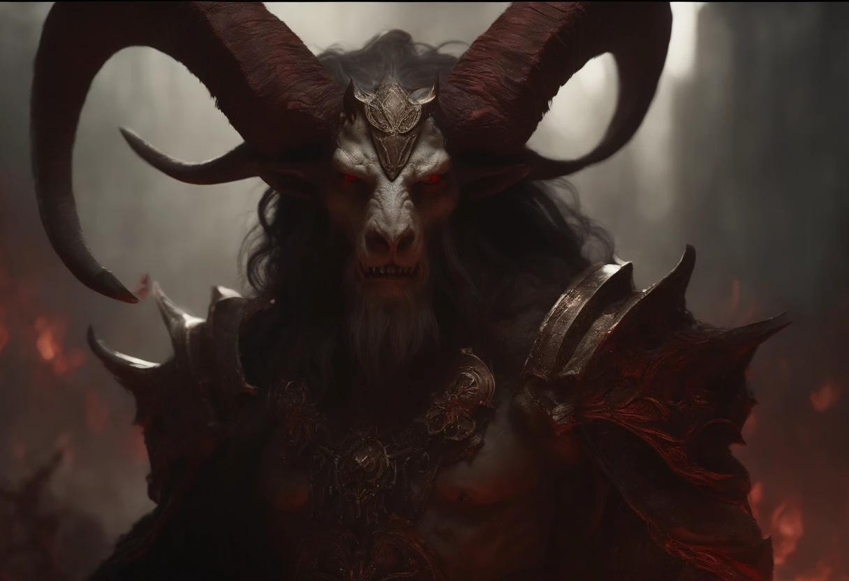 a goat-headed demon with large horns, strong and strong upper body, demon skins, skins, ((claws, wings)), demonic armor, blood splatters, skulls on the ground, standing in a blood ritual, medieval, dark room, dim light, masterpiece, realistic, oil painting