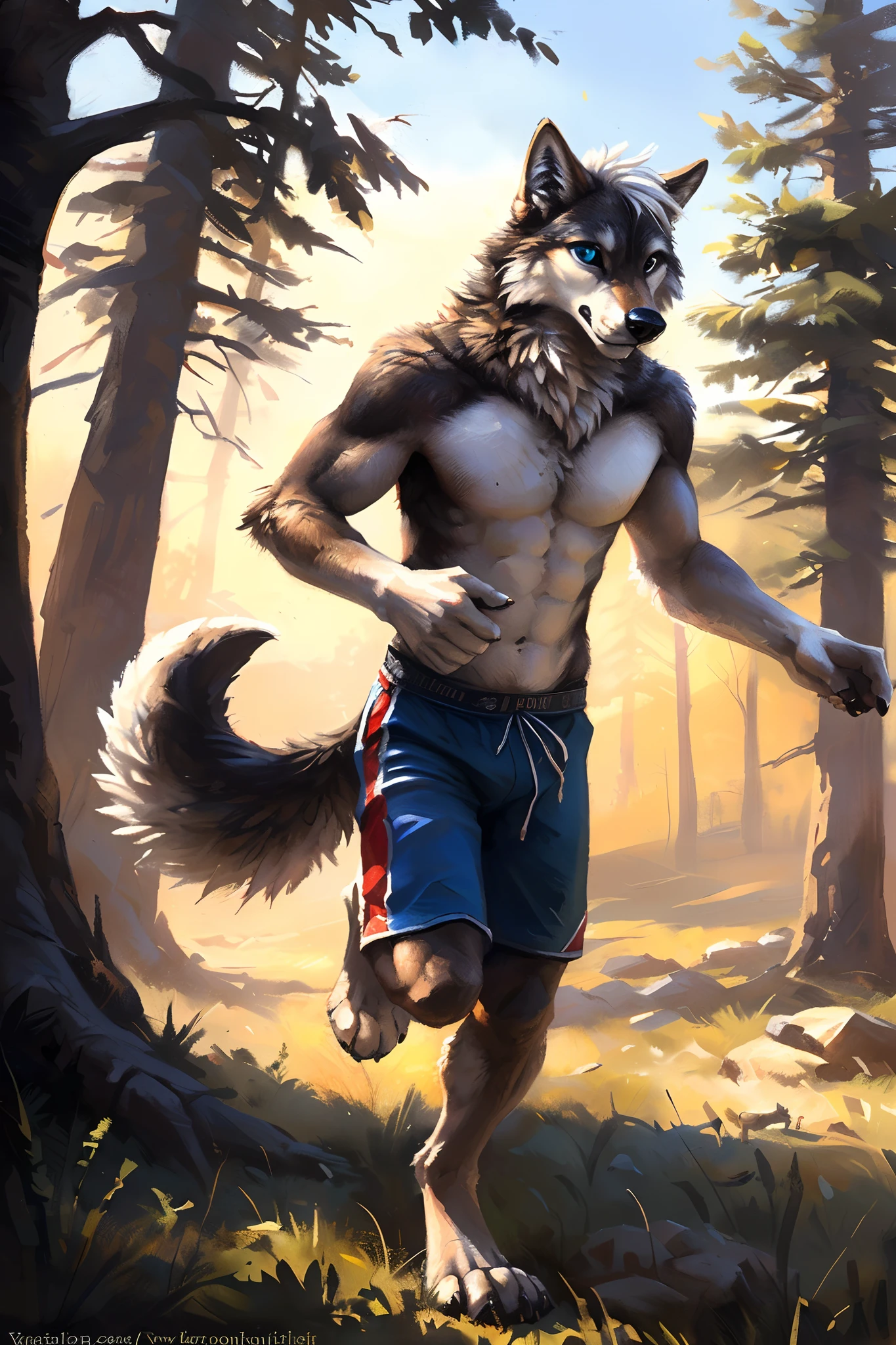 ((Solo)), male people, anthro wolf, (Multi-colored fur, White-brown:1.3,White tail pointed), ((Wolf face, White hair, Big eyes, White eyelids, Blue pupil, Slim:1.2) (Tough, Calm expression:1.2)), Abs, Slim, pinging)), (Correct anatomy), (Work shorts:1.1), The upper body is naked, (detailed outfits),A big tail,Feet,(Realistic fur, Detailed fur texture, labeled:1.3)), (Natural lighting), Photorealistic, Hyperrealistic, ultradetailed, by Kenket,Endless grasslands,There are no trees,There are no big stones,No artificiality,erect through,Running on