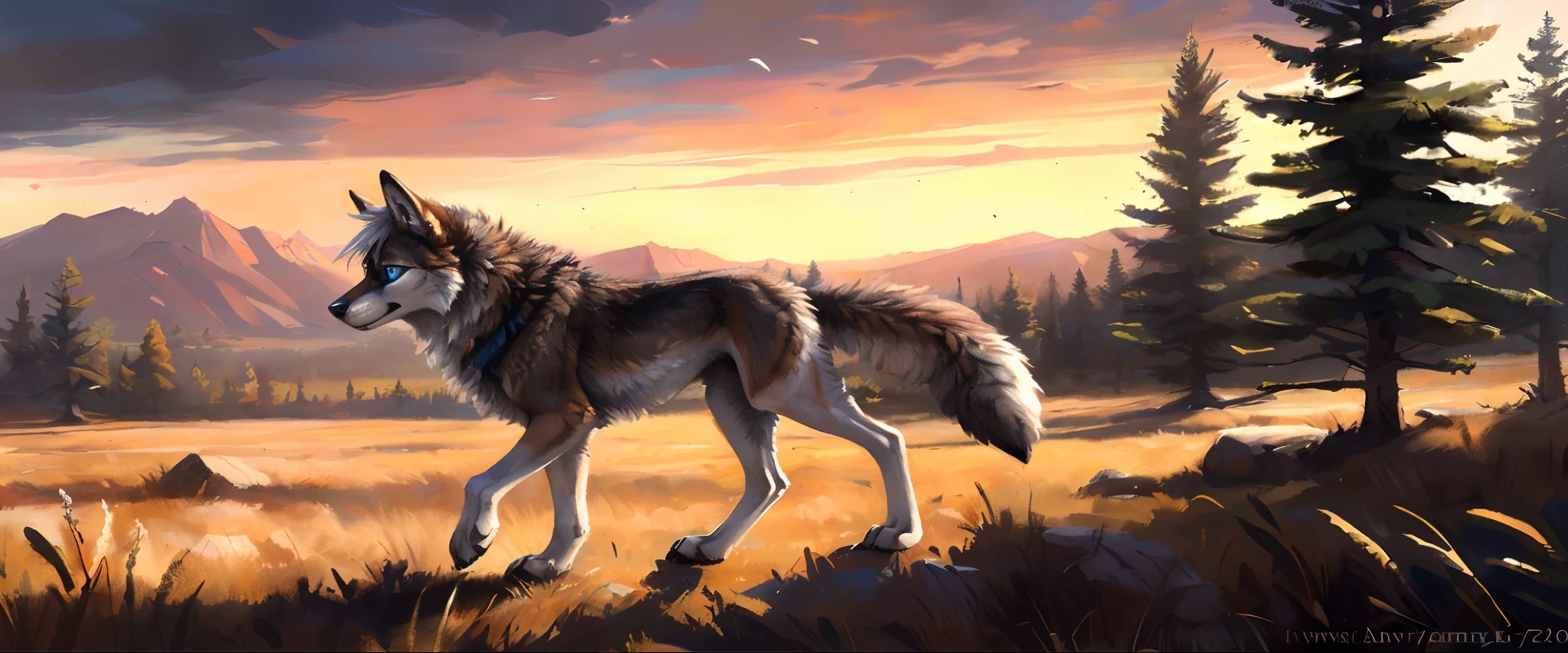 ((Solo)), Male, coyote, (Multi-colored fur, White-brown:1.3,White tail pointed), ((Wolf face, White hair, Big eyes, White eyelids, Blue pupil, Slim:1.2) (Tough, Calm expression:1.2)), Robust,Slim, pinging)), (Correct body anatomy), A big tail,Feet,Longer torso,Well-proportioned limbs,(Realistic fur, Detailed fur texture, labeled:1.3)), (Natural lighting), Photorealistic, Hyperrealistic, ultradetailed, by Kenket,Naked all over the body,Endless grasslands,Walking