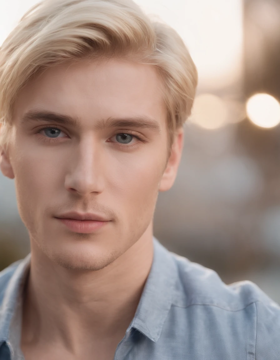 Photo of a gorgeous handsome Australian male, yeux bleus, Very short windy light blonde hair, retourner les cheveux, zoomed in close-up in a tightly cropped portrait, Descendre un (Fashion Show at a Fashion Show Model Scene People:1.2) porter un (Casual Designer Wear:1.3) (Expensive mobile phone on his hand:1.3) (Gold Lighting:1.2) Background details of foreground objects (Masterpiece:1.2) (photoreallistic:1.2) (Bokeh:1.2) (Best quality) (Color Grading) (detailed skin:1.3) (complexe) (8k) (Hdr) (lighting cinematic:1.3) (mise au point nette), messy windy hair