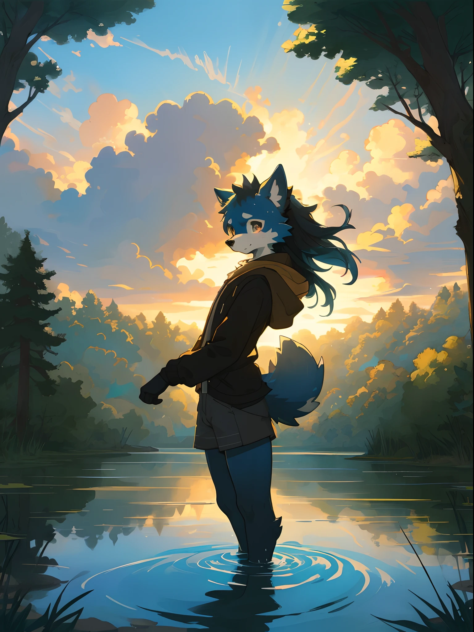 High-quality illustrations by John William Waterhouse, by Johannes Vermeer, cover_page, highres, absurdres, detailed background, lake, dawn, detailed forest, clouds, Mysterious and romantic atmosphere, caustics surface(refraction, polarization:1.2)perfect anatomy(cute 1girl, single:1.4, kemono, solo focus, boy)volumetric lighting, Wet clothes, Water droplets, (furry anthro:1.7)(Furry body, dog facial features, dog body features)(very detailed body fur)full body, soft and delicate color palette, dramatic composition, deep shadow, dynamic lighting,