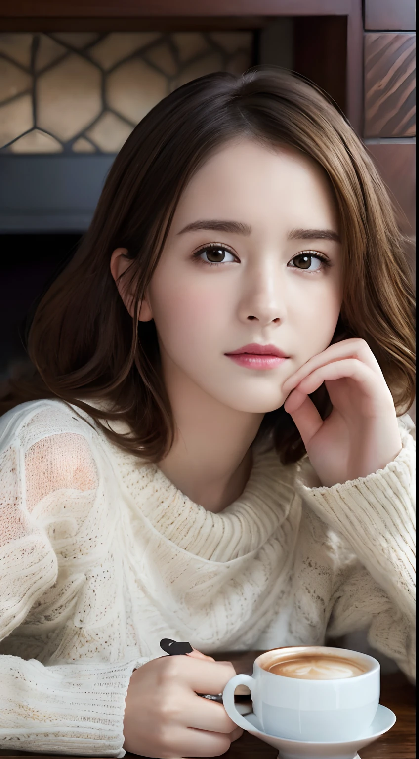 (A hyper-realistic), (hight resolution), (8K), (ighly detailed), (beatiful detailed eyes), (top-quality), (ultra-detailliert), (masterpiece), (A detailed face), softfocus、face of emma watson、Colossal tits、japanes、cottage、In front of the fireplace、wearing sweater、Have a coffee cup
