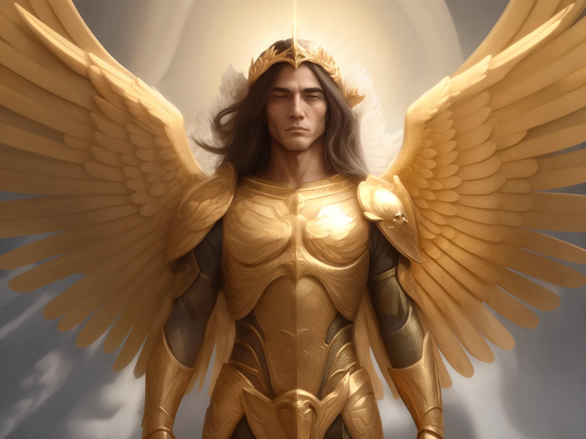 um close up de uma mulher com um traje dourado e asas, Armadura Dourada Angelical, Arcanjo Miguel, arcanjo, angel in plastic armor, Anjo majestoso de corpo inteiro, gold wings on head, Asas de Ouro, Asas douradas, angelic, unreal motor render saint seiya, angel spirit guide, humano alado, com asas douradas ardentes, asas de anjo grande, Directed by: Arthur Pan