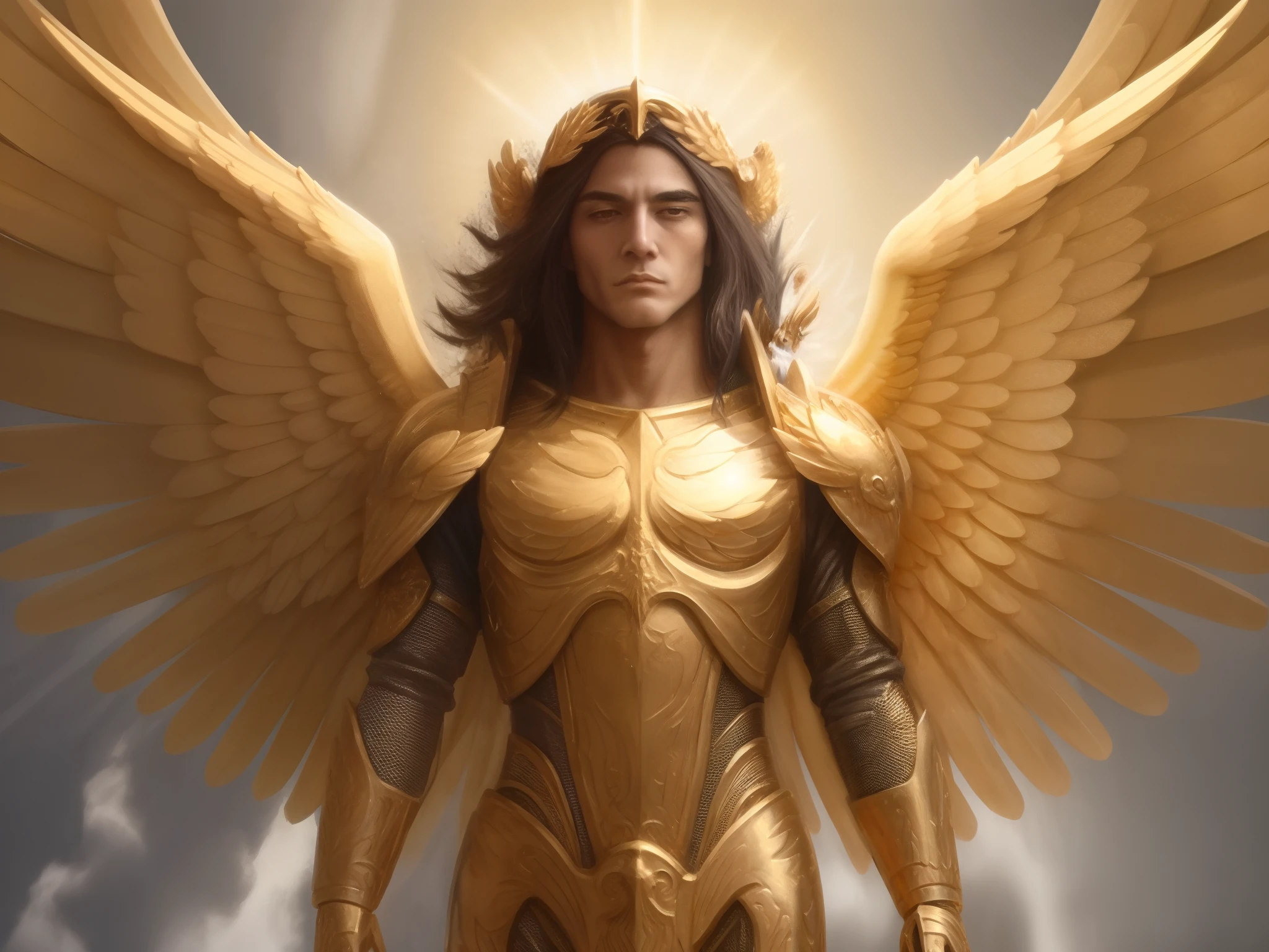 um close up de uma mulher com um traje dourado e asas, Armadura Dourada Angelical, Arcanjo Miguel, arcanjo, angel in plastic armor, Anjo majestoso de corpo inteiro, gold wings on head, Asas de Ouro, Asas douradas, angelic, unreal motor render saint seiya, angel spirit guide, humano alado, com asas douradas ardentes, asas de anjo grande, Directed by: Arthur Pan