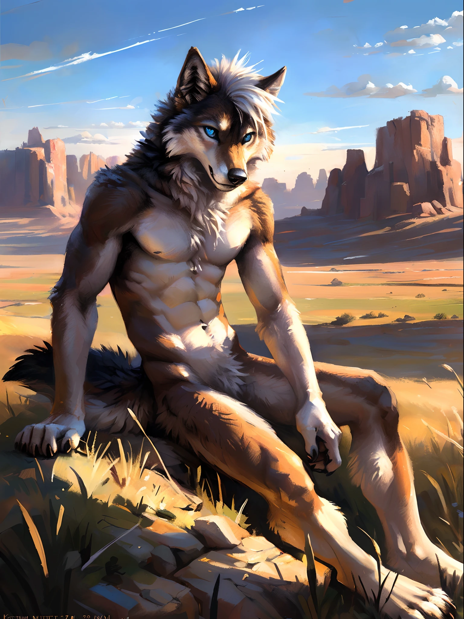 ((Solo)), male people, anthro wolf, (Multi-colored fur, White-brown:1.3,White tail pointed), ((Wolf face, White hair, Big eyes, White eyelids, Blue pupil, Slim:1.2) (Tough, Calm expression:1.2)), Abs, Slim, pinging)), (Correct anatomy), Naked all over the body,A big tail,Feet,(Realistic fur, Detailed fur texture, labeled:1.3)), (Natural lighting), Photorealistic, Hyperrealistic, ultradetailed, by Kenket,Endless grasslands,No artifacts