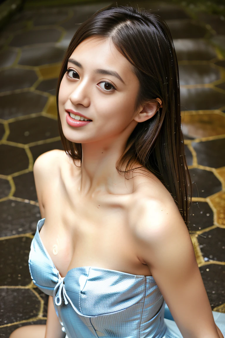 (((Draw only one woman: 2))), Beautiful 18 year old Japan woman, (Beautiful woman in light sleeveless dress: 1.5), ((Standing in a park where it is raining: 1.5)), ((1screen)), 8K, RAW shot, (Angle from diagonally above:1.5)、top quality photo, masutepiece, Nice realistic photos, ((Anatomically correct proportions: 1.5)), ((perfectly proportions)), Cute woman like an idol in Japan, Detailed face, Detailed eyes, Narrow Nose, Detailed hands and fingers, detailed arms , Detailed skin, Detailed legs, short torso, Slender body, (Beautiful long hair: 1.5), (Large breasts: 1.6), (wetted skin:1.4)、(Wet clothes:1.3)、(Wet hair:1.1)、(Dresses in neutral colors of bright colors:1.4)