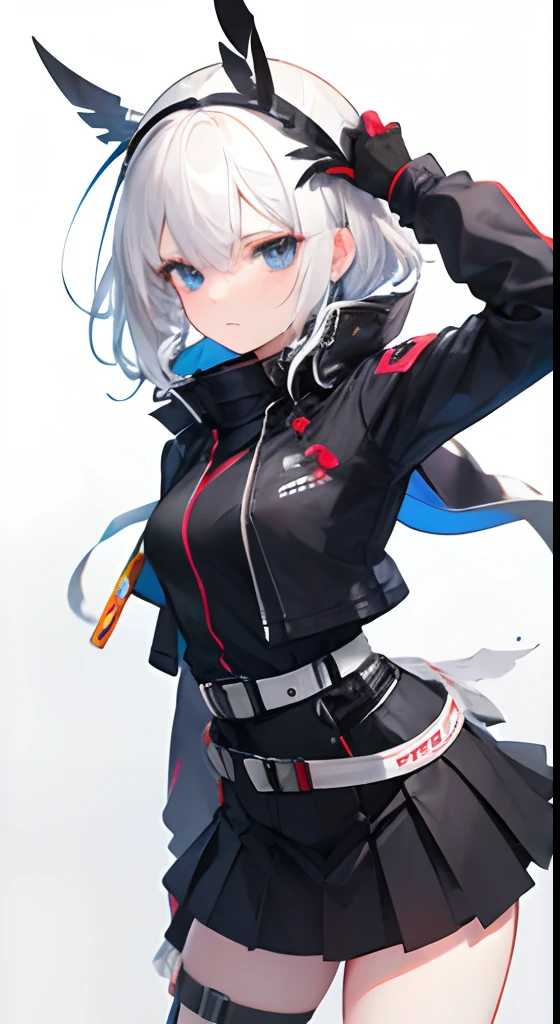 White hair,blueneyes,Cold attitude,gloom ,Skirt, mitts, leg belt, arm belt, hair pin,shairband,tiny tits,simplebackground,feathered headdress,(head portrait),white backgrounid,Functional windproof jacket,black cloaths,