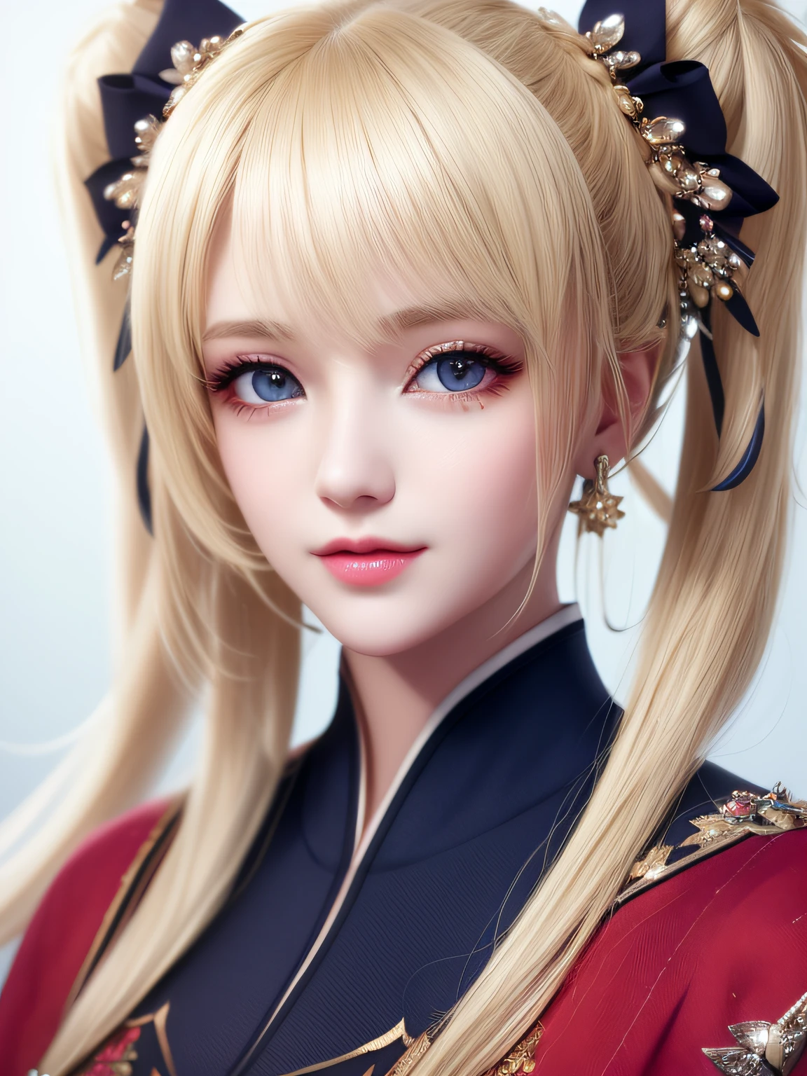 twintail hairstyle,animesque、anime styled、ssmile、portraitures、Beautifully moisturized amber eyes like clear glass、Beautiful blonde hair without hair ornaments, extremely detailed eye and face, Beautiful detailed eyes, huge filesize, ultra-detailliert, hight resolution, ighly detailed, top-quality, masterpiece, illustratio, ighly detailed, nffsw, unification, 8k wallpaper, splendid, finely detail, 32Year old girl