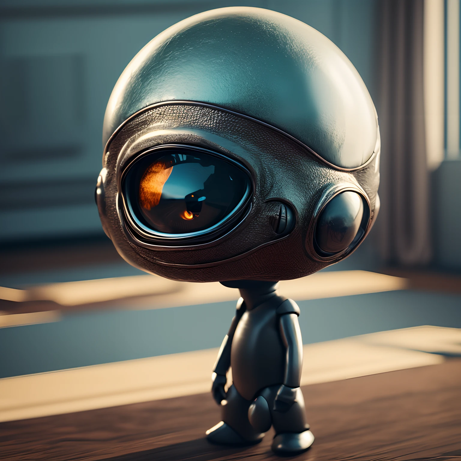 Create a super realistic image of an alien with a big head and a small body and 3 big black eyes.
