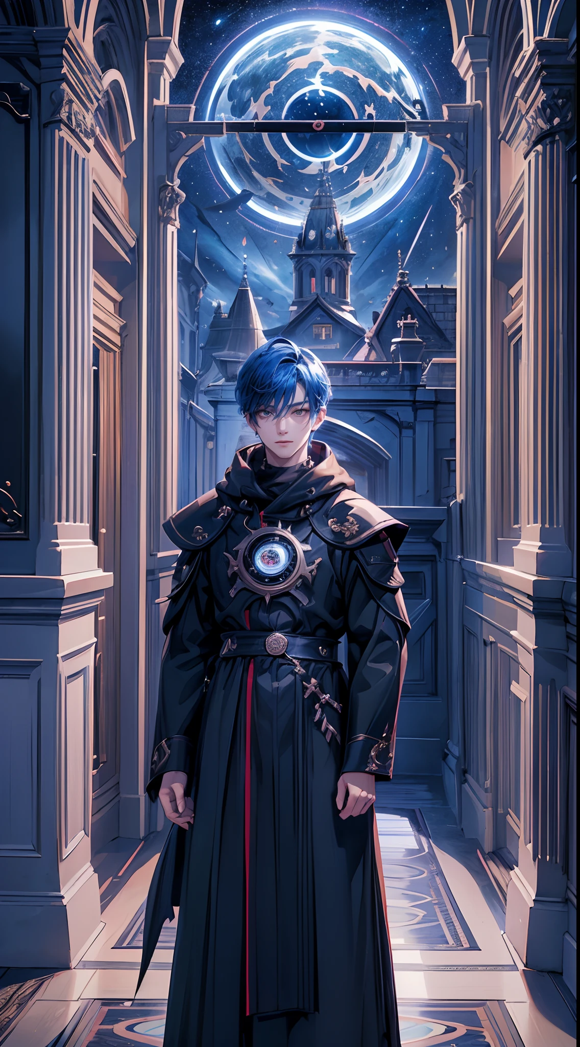 ((4K works))、​masterpiece、(top-quality)、One Beautiful Fallen Angel Boy、Slim body、tall、((Attractive British style))、(Detailed beautiful eyes)、((mid night))、In the English corridor、Castle inhabited by villains、Black shop window、Corridor at night、((You can see the starry sky from the window))、((dark sky))、((English corridors))、((Shot in a corridor in England))、mid night、((Short-haired bright blue hair))、((Smaller face))、((White eyes))、((American adult male))、((Adult male 26 years old))、((Cool Men))、((Like a celebrity))、((Show your teeth and smile))、((Korean Makeup))、((elongated and sharp eyes))、((Happy dating))、((boyish))、((Upper body photography))、Professional Photos、((Shot alone))、((Shot from diagonally in front))、((Shot in close proximity to him))、((Focus zoom in))、((He is standing in the hallway))、Viewers are lost