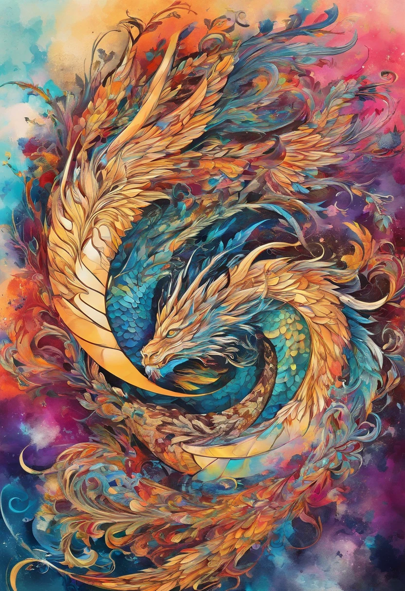 In the world of watercolor，The dragon's graceful posture shows its brilliance and color，Its body is curved and fluid，Every line drawn exudes vitality，Abstract faucet，Artistic dragon body lines，The soft texture of watercolor，The rendering of color makes the whole picture full of movement，（（s fractal art）），（（tmasterpiece，best qualtiy，extremely detaile，超高分辨率，detailedbackground）），（（（abstract backgrounds））），（（a color）），blossoms，Every drop of ink blends with the pigment，It's all the collision and release of the artist's soul。
