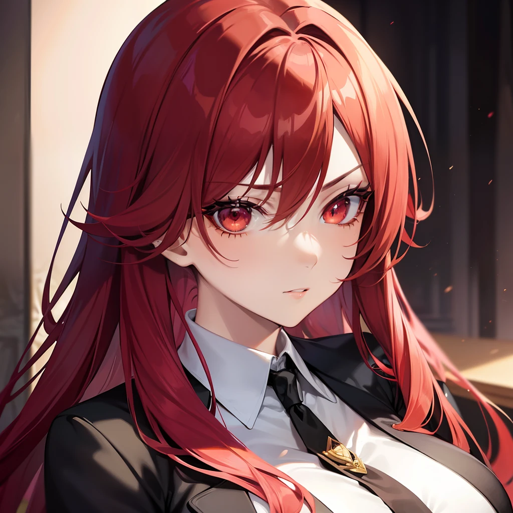 A pretty anime lady, wearing a mafia boss attire, a lady with long Red hair and gold eyes, is looking at you emotionlessly, close up.