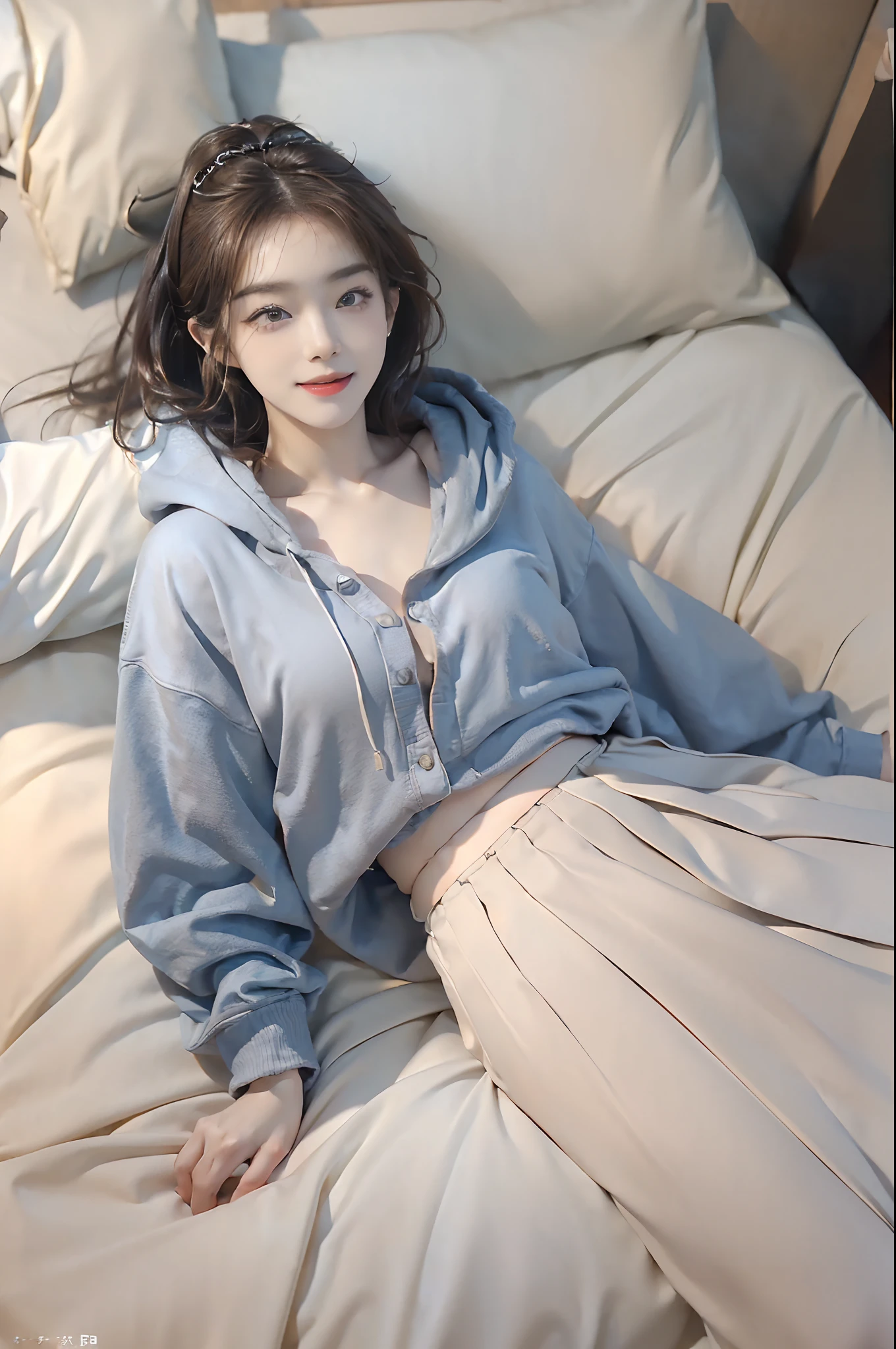 ((top-quality、8K、masterpiece:1.3))、Full body posture、foco nítido:1.2、(realisitic、Photorealsitic:1.37)、((beautiful smiling face))、Gaze towards the viewer、Beautiful Face Woman、32years old、pointed chest、long eyeslashes、Colorcon、Big 、delicated、Very detailed eyes、Highly detailed eyebrows、(Sharp Eyebrows)、(Thin eyebrows)、very vey very detailed face、((Brunette short disheveled hair)),Clothed、Detailed background(8K、masterpiece、top-quality、Raw foto) ((((Lying in bed))))、King-size bed、((((View of a lying woman from above))))、Wearing a large hoodie、(((no skirt)))、