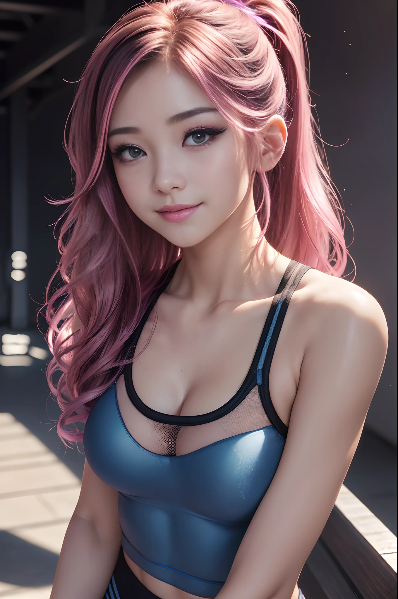((huge tit))、((1 )、((very small head))、sunlights、sunlights、brightened light、(perfect bodies:1.1)、(fullllbody)、(Mohican:2.8、dark brown hair、Pink and blue mesh hair、Thin mesh)、Fulll body Shot、((Tight workout wear)、(perspiring)、(Highly detailed CG 1k wallpaper)、(extremely delicate and beautiful)、(Mass Piece)、(top-quality:0.1)、(超A high resolution:0.<>)、(realisitic)、beautiful lightning、Perfect Lightning、realistic shadow、[hight resolution]、Detailed skin、The ultra-detailliert、Slim body)、(beautiful hairl、hair wavy、real hair、Detailed hair、High ponytail)、thin clavicle、beutiful breast、red blush、photoRealstic、lifelike face、beautiful countenance、cute  face、realisticeyes、Small eyes、Cute smiling face、(colourfull)))、(eye liner)、(mascara)、(eyeshadows)、(at the gym)、Looks Back、bighip、(Child's 、
