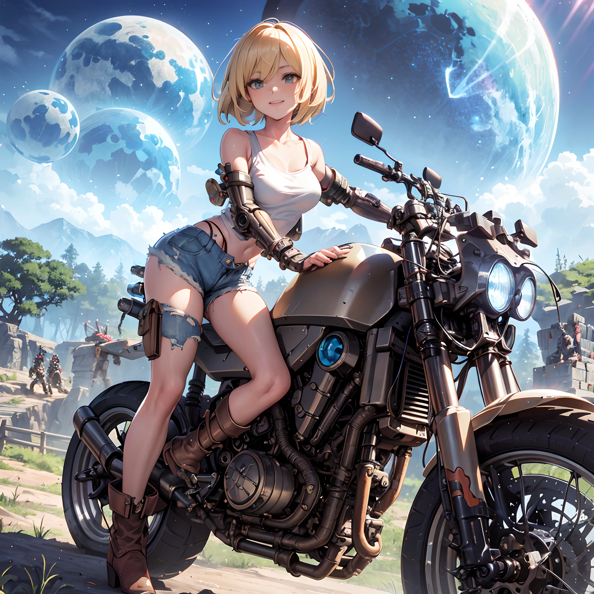 masutepiece, High quality, steampunc, Featuring a futuristic planet covered in distant forests, A bustling alien market, And off-road bikes. The main character is a single girl with stunning upper body blonde hair short bob silver smile, Mechanical arm. Wearing a white tank top, Distressed Denim Shorts, Engineer Boots, Riding an off-road motorcycle.