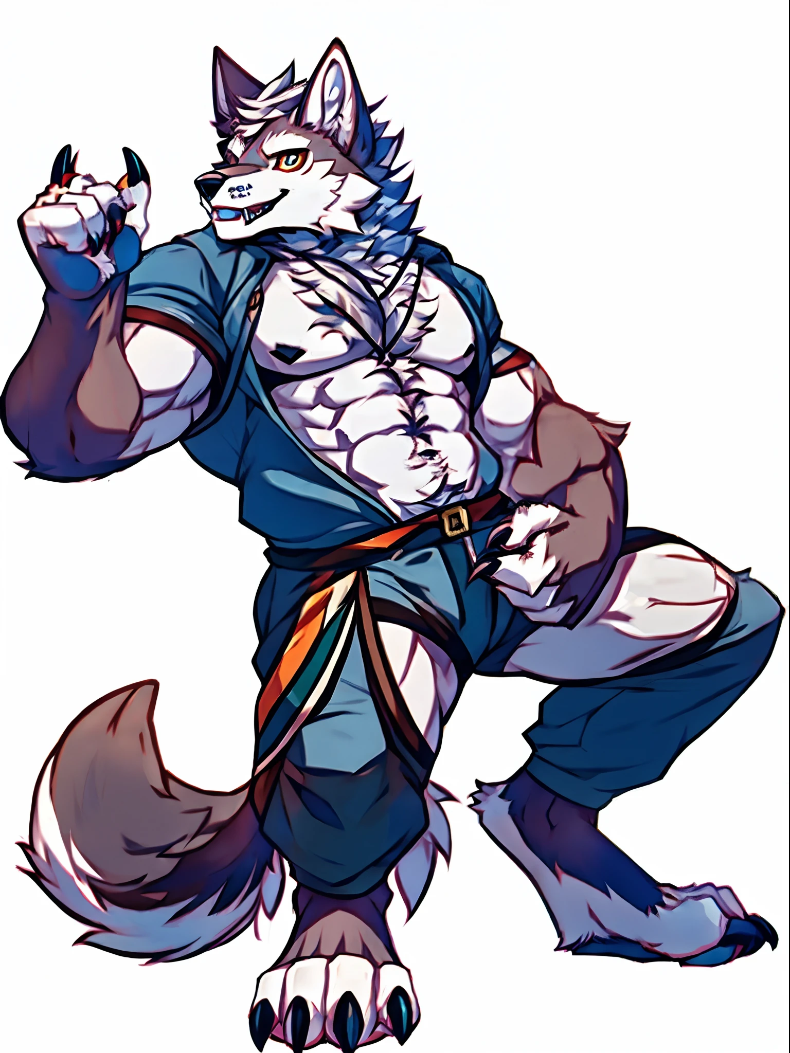 Human-wolf,musculous,Hairy all over,clawed paws,erect through