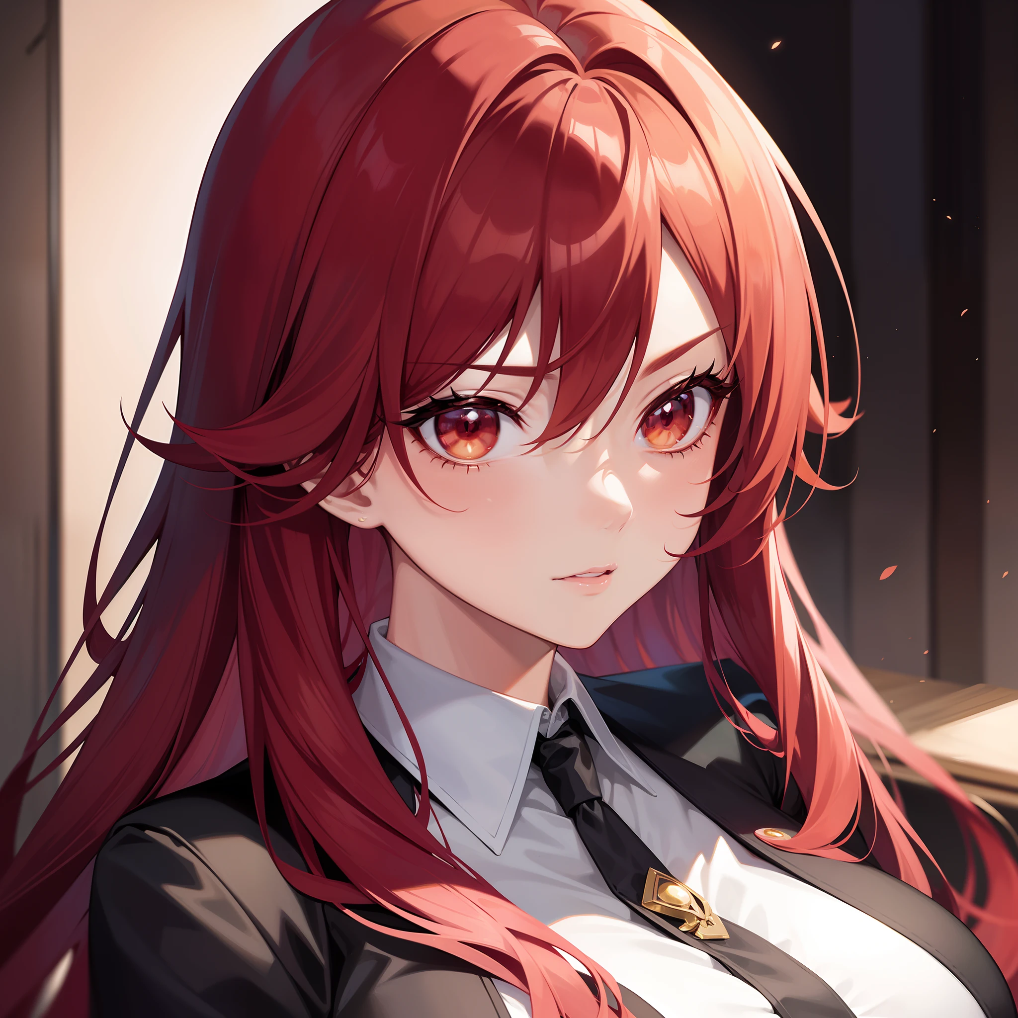 A pretty anime lady, wearing a mafia boss attire, a lady with long Red hair and gold eyes, is looking at you emotionlessly, close up.