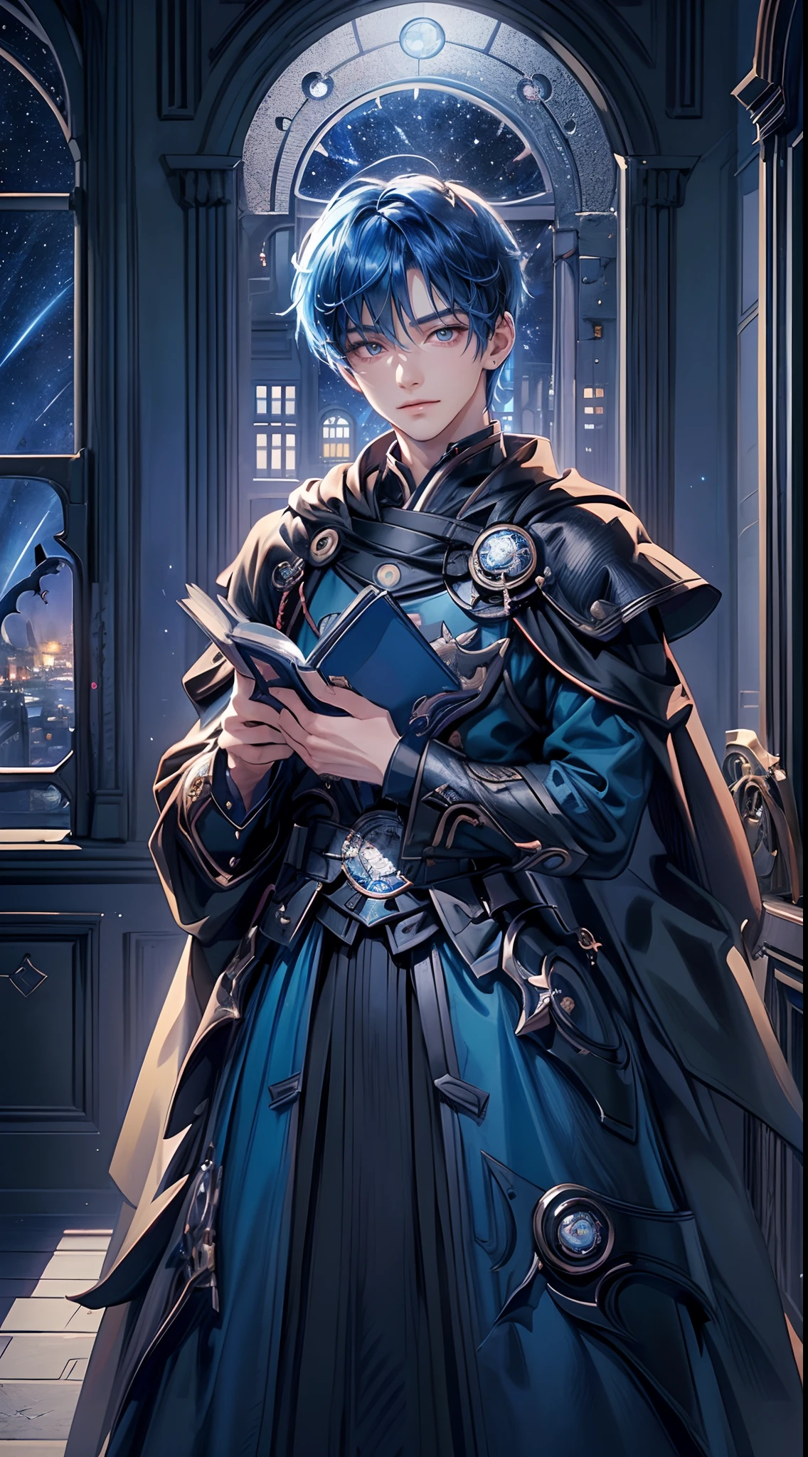 ((4K works))、​masterpiece、(top-quality)、One Beautiful Fallen Angel Boy、Slim body、tall、((Attractive British style))、(Detailed beautiful eyes)、((mid night))、In the UK room、Castle inhabited by villains、Black shop window、room at night、((You can see the starry sky from the window))、((dark sky))、((British Rooms))、((Shot in a room in the UK))、mid night、((Short-haired bright blue hair))、((Smaller face))、((White eyes))、((American adult male))、((Adult male 26 years old))、((Cool Men))、((Like a celebrity))、((Show your teeth and smile))、((Korean Makeup))、((elongated and sharp eyes))、((Happy dating))、((boyish))、((Upper body photography))、Professional Photos、((Shot alone))、((Shot from diagonally in front))、((Shot in close proximity to him))、((Focus zoom in))、((He is reading a book while standing in the corner of the room))