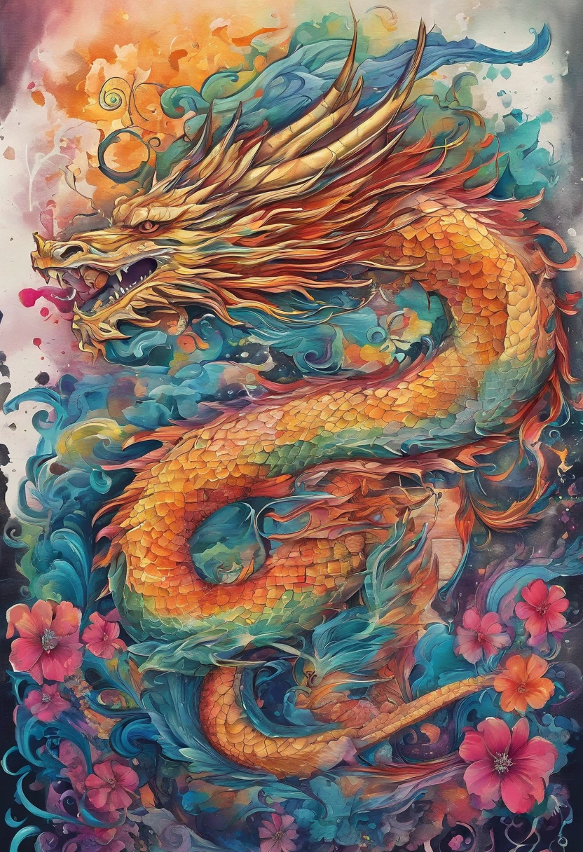 （（tmasterpiece，best qualtiy，extremely detaile，超高分辨率，detailedbackground）），In the world of watercolor，The dragon's elegant posture shows its brilliance and color，Its body is curved and fluid，Every line drawn exudes vitality，Simple artistic dragon body lines，The soft texture of watercolor，The rendering of color makes the whole picture dynamic，（（s fractal art）），（（（abstract backgrounds））），（（a color）），blossoms，Every drop of ink is mixed with the pigment，It's all the collision and release of the artist's soul。