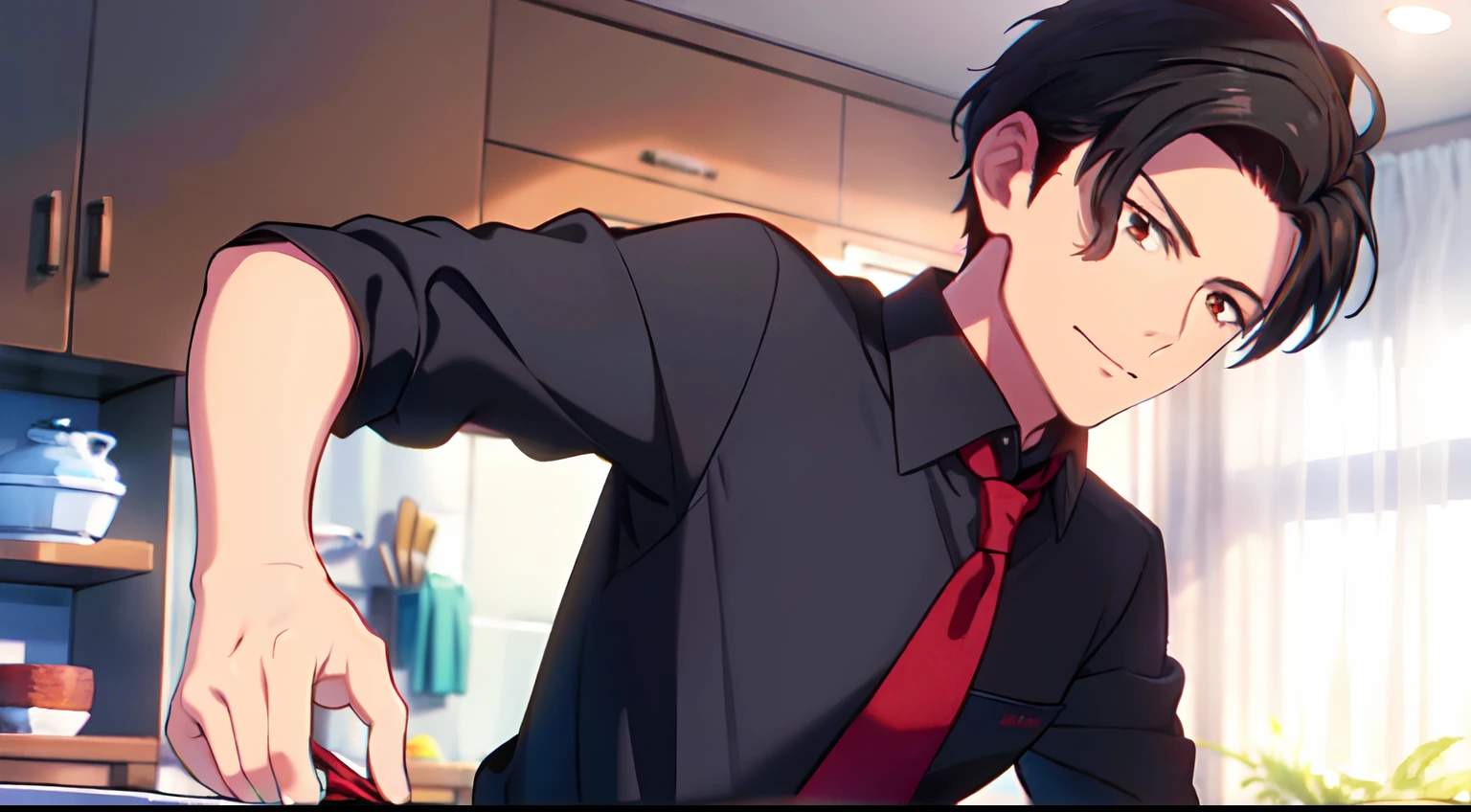 masterpiece, (1Man), (Mature Male), luci, red eyes, black hair, (wearing red Apron), (black shirt), (red necktie), kitchen background, window