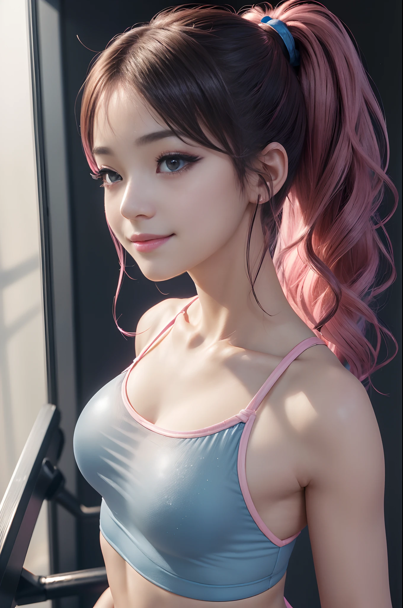 ((huge tit))、((1 )、((very small head))、sunlights、sunlights、brightened light、(perfect bodies:1.1)、(fullllbody)、(Wanren Short Bob:2.8、dark brown hair、Pink and blue mesh hair、Thin mesh)、Fulll body Shot、((Tight workout wear)、(perspiring)、(Highly detailed CG 1k wallpaper)、(extremely delicate and beautiful)、(Mass Piece)、(top-quality:0.1)、(超A high resolution:0.<>)、(realisitic)、beautiful lightning、Perfect Lightning、realistic shadow、[hight resolution]、Detailed skin、The ultra-detailliert、Slim body)、(beautiful hairl、hair wavy、real hair、Detailed hair、High ponytail)、thin clavicle、beutiful breast、red blush、photoRealstic、lifelike face、beautiful countenance、cute  face、realisticeyes、Small eyes、Cute smiling face、(colourfull)))、(eye liner)、(mascara)、(eyeshadows)、(at the gym)、Looks Back、bighip、(Child's 、