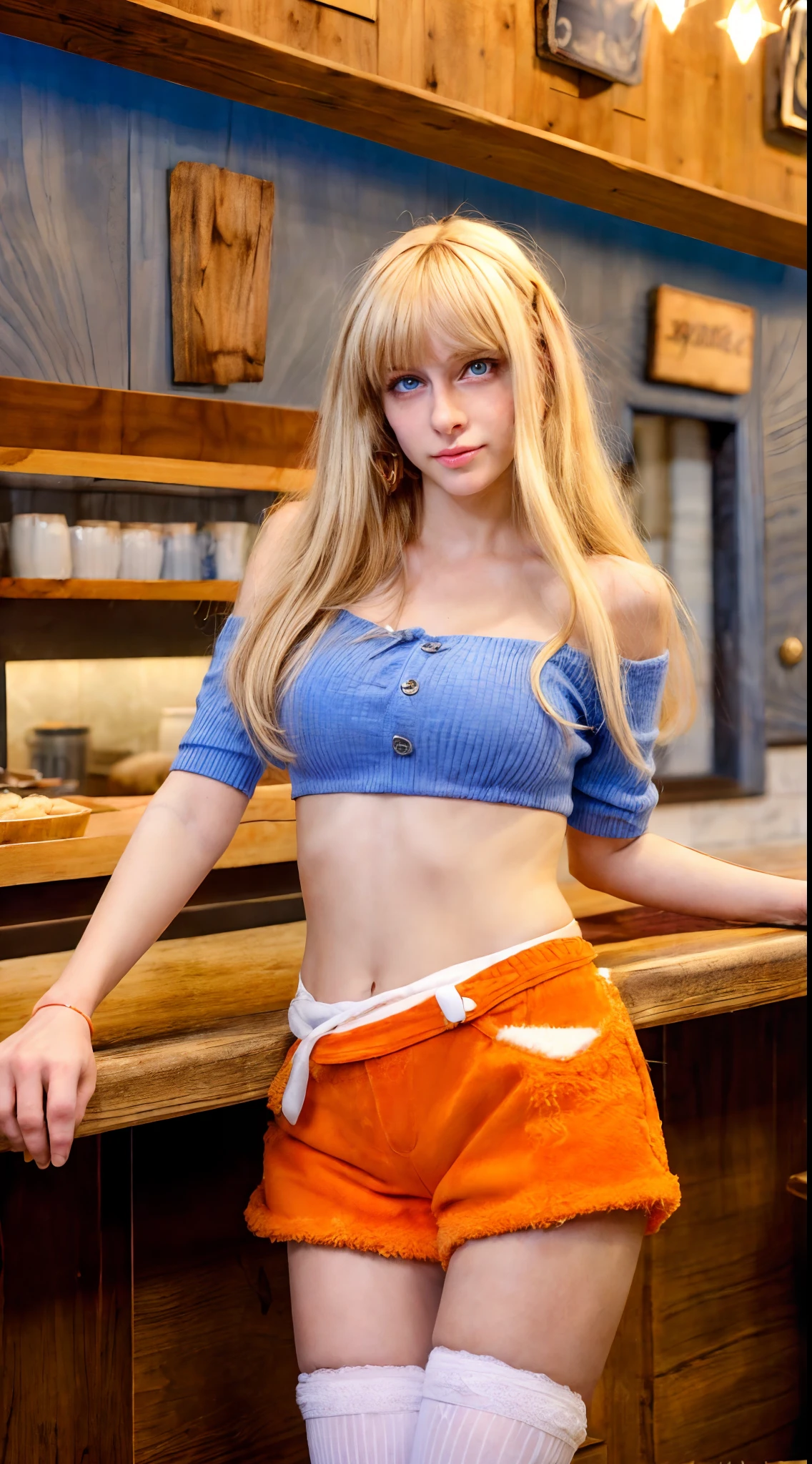 (masterpiece, best quality:1.2), cowboy shot, solo, 1girl, bronze tiedie classic hair, skinny, in a restaurant, leaning against counter, orange short shorts, white thigh high socks, white crop top, shy, feminine, blue eyes, small chest, blushing, korean girl, pale skin, korean girl