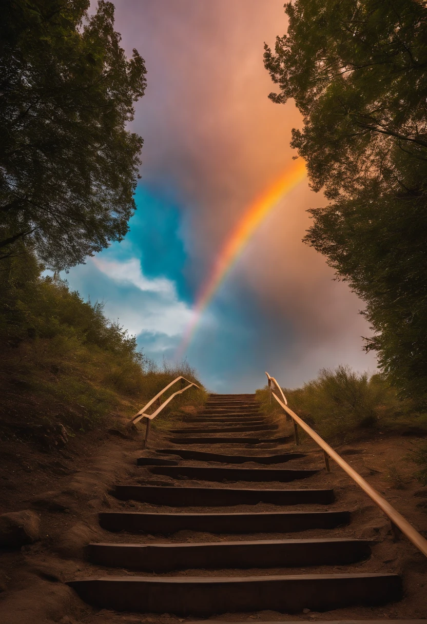 Close-up of the stairs leading to the rainbow sky, stairway to heaven, A very colorful heaven, stairs from hell to heaven, Leading to the Sky, Rainbow clouds, Colors of Heaven, Rainbow Trail, Colorful sky, Rainbow clouds, Heaven!!!!!!!!, rainbow, Rainbow colors, Psychedelic sky, In beautiful colors, Irridescent color, colorful dream, colorful skies