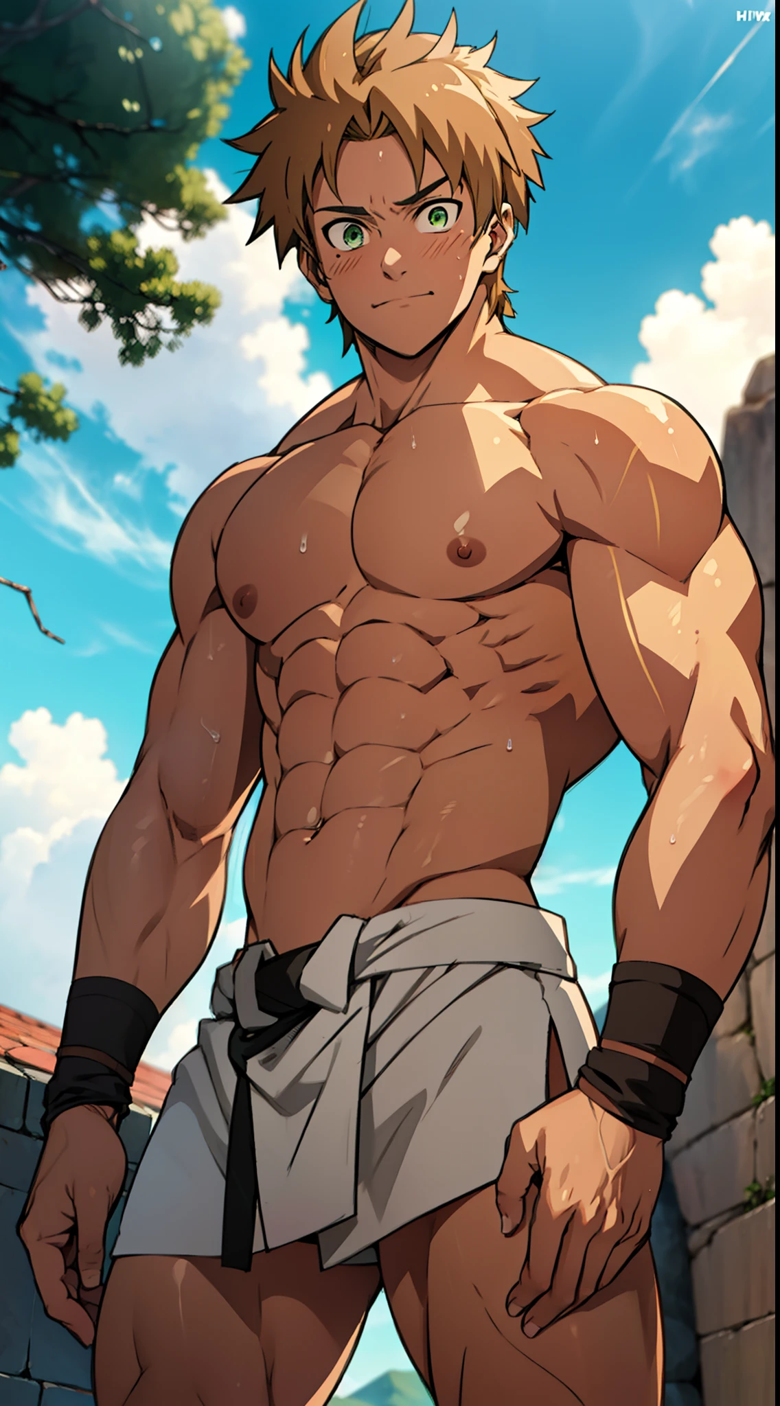 Shiny skin, Red skin, rosy skin, bright red skin, the boy blushed shyly (muscular thigh muscles )(Naruto anime style, art) (photo angle from bottom up) (photo angle from the ground upwards) [Anime photo][highest quality photo][4k,HD photo quality ] wear tight and short loincloths ,the loincloth bulges due to the erect male genitals (muscular thigh muscles, firm thigh muscles, muscular thigh muscles, sinewy thigh muscles, giant thigh muscles, strong leg muscles, muscular hamstring leg muscles)(thigh muscles bulging as if about to explode, muscular, calloused, sinewy, giant) , Rudeus Greyrat, shy, pondering, thinking, pensive, tired, bodybuilder,bodybuilding, standing, lots of sweat flowing down, topless, shirtless, hot sunny, 8 pack abs , short hair , green eyes, is tightening his abdominal muscles