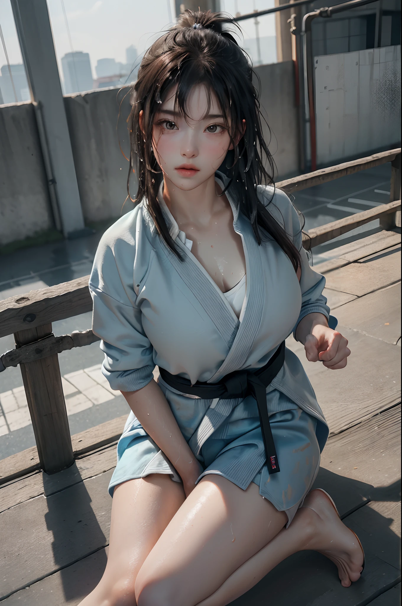 (Best Quality,8K,hight resolution,masuter piece:1.2),Ultra-detailed,Realistic:1.37,Portrait,Dynamic Angle,(Judo athlete) ,Teenage girl,small head,Cute,Sporty,Charming face,Detailed beauty face,Very realistic skin,Wet skin,Sweat,Large breasts,nice legs ,Sporty,Judo Venue　,Cinematic lighting,