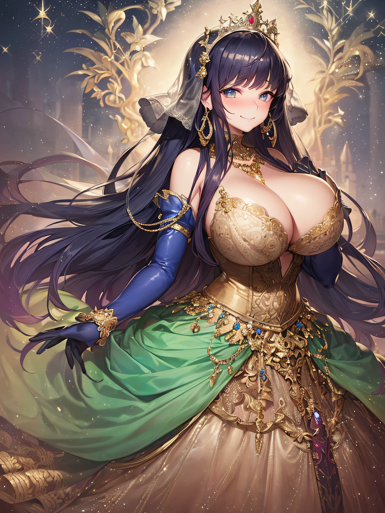 ((Anime Art Style)),(masutepiece),(Best Quality), (Super Detail),(Highly detailed CG Unity 8k wallpaper),((Very delicate and beautiful)),1 Lady,((Full body portrait)),((Stand in the garden)),((Solo)),(((One princess in a gorgeous embroidery and jeweld very gorgeous Rococo princess ball gown with voluminous full-length hoop skirt ))),(((Giant Crinoline Hoop Skirt))),Long Train,((Gorgeous embroidery and jewelry)),voluminous ruffles,(((very very gigantic boobs,Skindentation))),cleavage,((Very long straight hair,Very voluminous straight long hair,Very long straight hair)),(finely detailed face and eyes),((Seductive smile,embarrassed)),Beautiful eyes like jewels,Very gorgeous hair ornament,(A very gorgeous tiara adorned with sparkly jewels),((Glitter Gorgeous Gemstone Jewelry)),Gorgeous Long Veil,((ultra long gloves)),(Beautiful background),(Full body),((gorgeous embroidery and jeweld Very gorgeous Rococo princess ball gown with voluminous full-length hoop skirt))