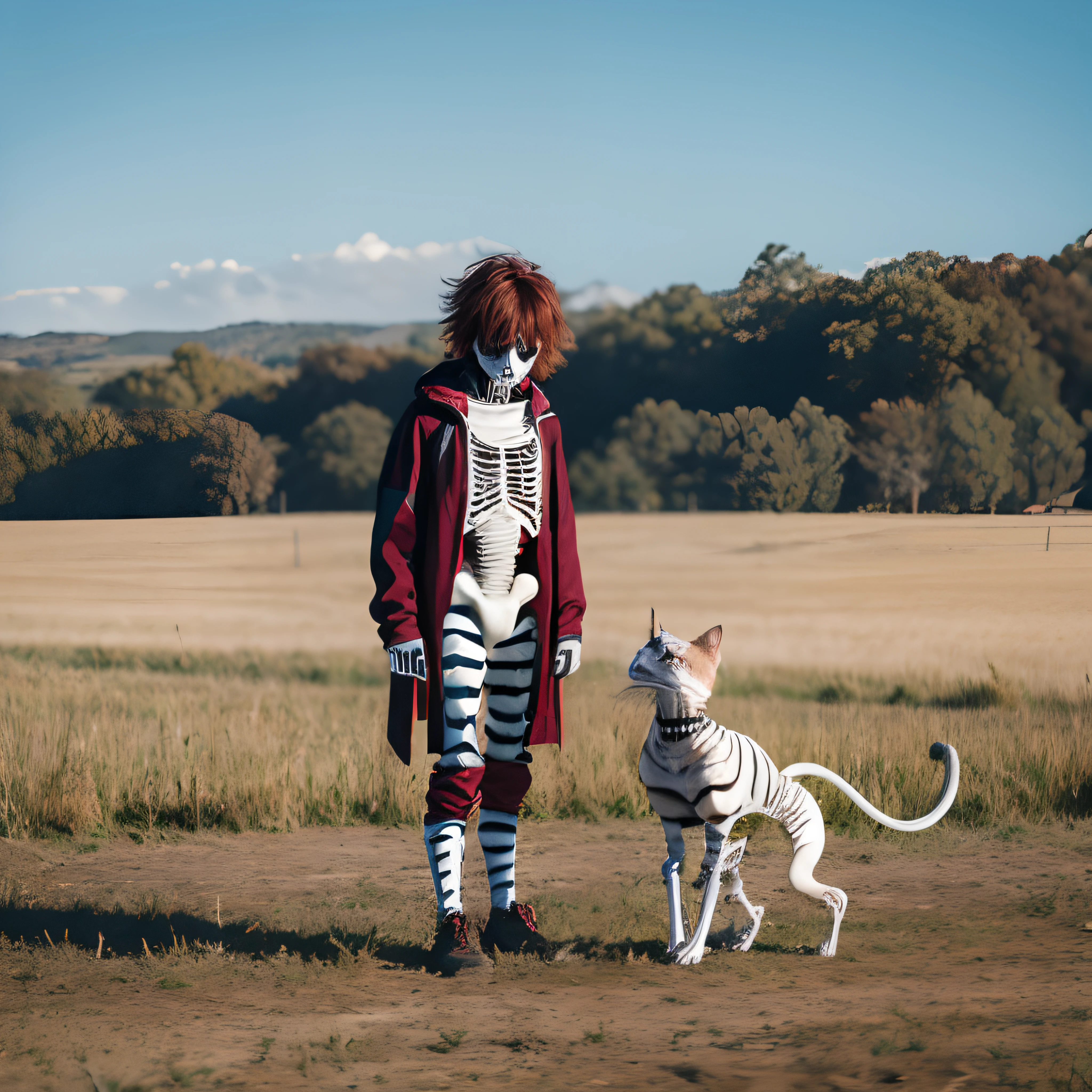 a ager dressed as a skeleton, male, skeleton face, dark red hair, messy hair, short hair, on a farm, petting a cat, bright colors, daytime, side view, looking away, full body view, far away