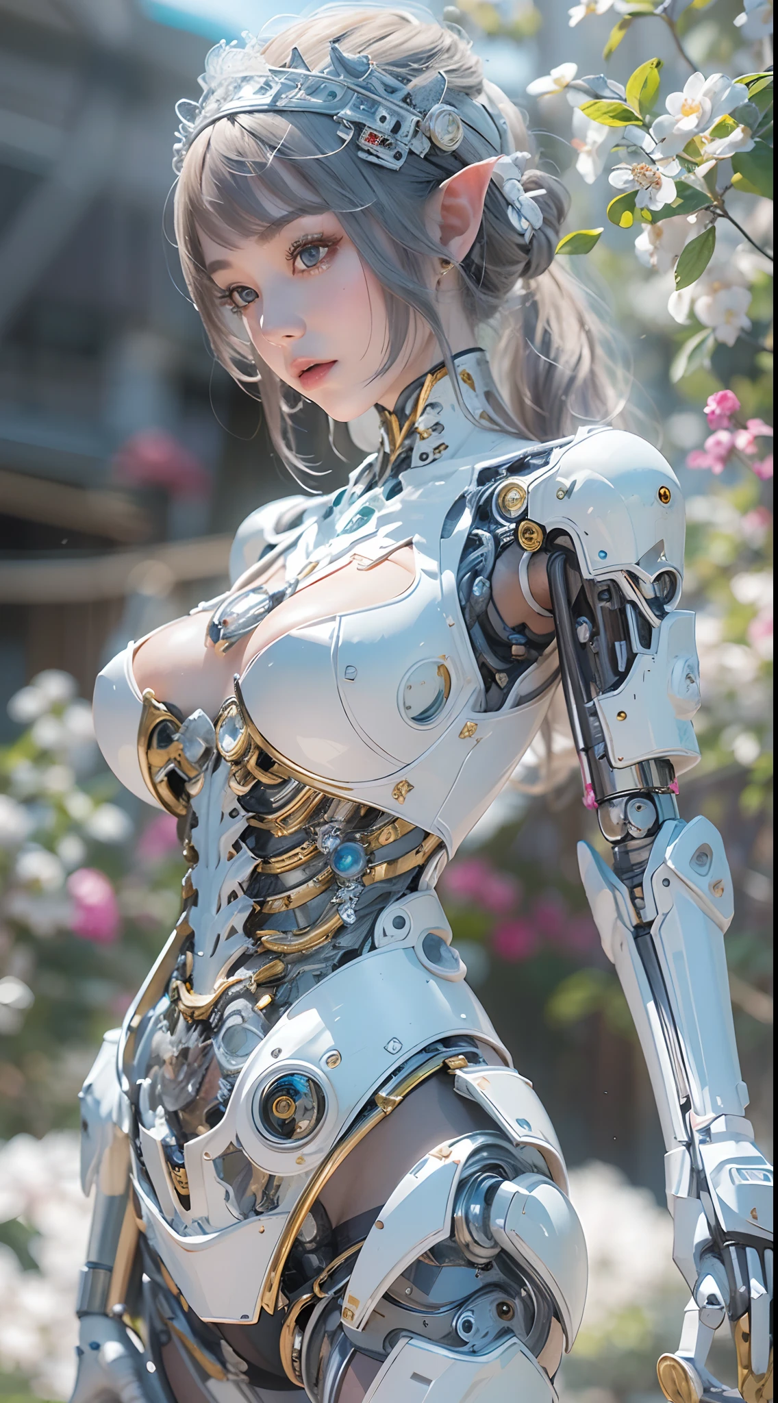 (high resolucion, 4k, Masterpiece:1.2),((Ultra-detailed:1.2)),(realisitic,Realistis:1.37),Girl robot married in Japan,mechanical limb,Mechanical trunk,Made of shiny white and silver translucent glass and plastic, Delicate lace dresses, Joyful expressions, , vibrant colours, Sakura Background, Bright sunlight, highly intricate details, Female elves, Beautiful waist, navels, big size ass, Exposed metal skeleton, 1 Cyborg Girl, Detailed hydraulic cylinders from Sumer, Raw skin is exposed to the valley、large full breasts, (random pose、dynamicposes,:1.2)