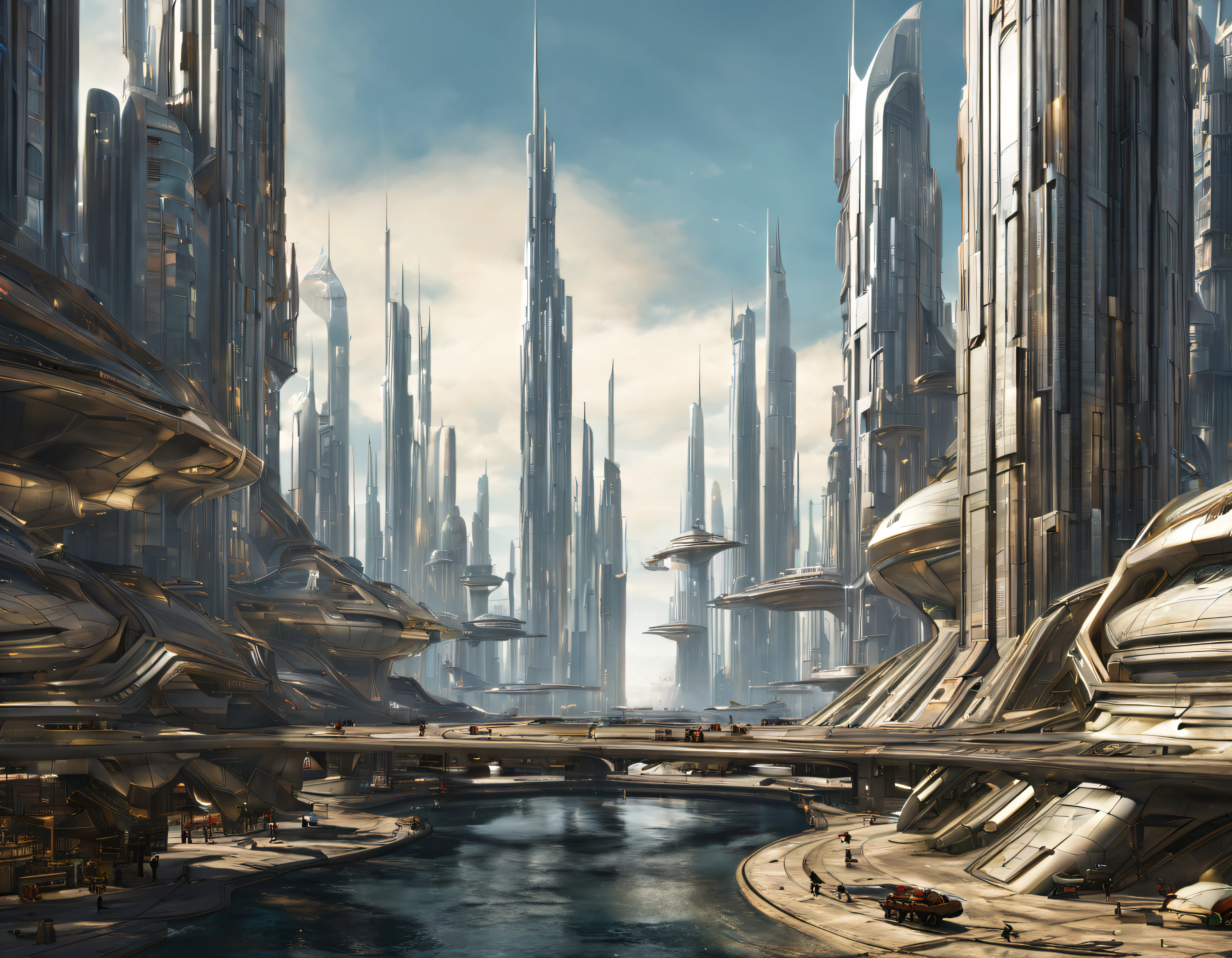 On an unknown planet lies a futuristic fantasy city with immense buildings of technological design (that form an infinite avenue), con estructuras acristaladas en plata, oro y bronce espectaculares. y puentes entre edificios, con colores vivos. pavimento ensolado sin brillo. gente paseando. similar a un coruscant. imagen bien definida con muchos edificios juntos. imagen nitida bien definida 8k.